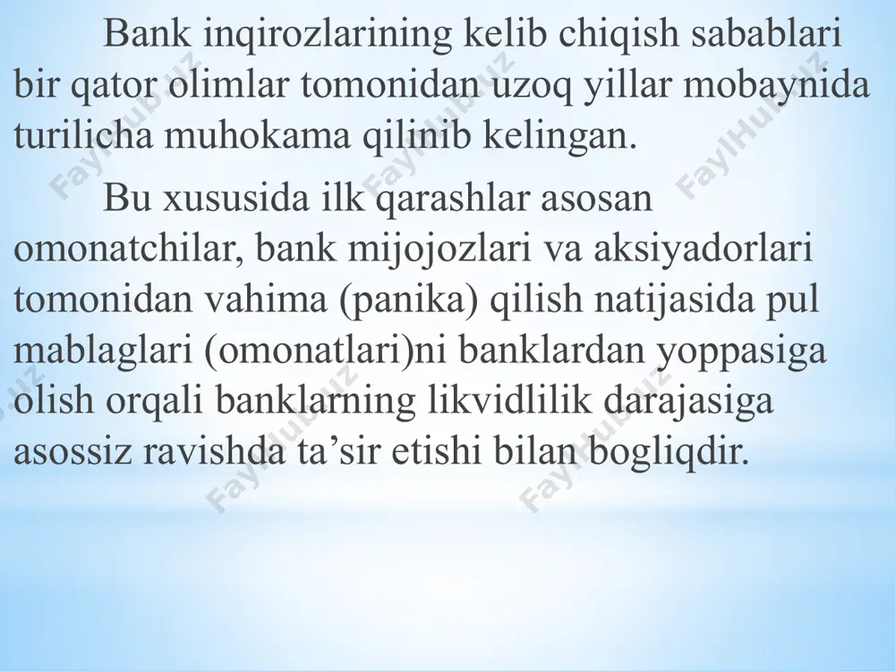 ri kelib chiqish sabablarini bir qancha omillar orqali yaqqolroq yoritib olishga harakat qilamiz. haddan ortiq kredit ekspansiyast . -mazkur omil natijasida kredit portfeli sifati yomonlashadi, kreditlar ta’minoti bo'yicha ortiqcha qiymat yuzaga keladi va kredit riski ortadi. kredit portfeli tarkibida kreditlar miqdorining ortishi natijasida ularning monitoringini yuritish bilan bogliq qiyinchiliklar yuzaga keladi. bunga misol sifatida, yaponiya, 80-yillardagi lotin axnerika va 90-yillardagi janubiy-sharqiy osiyo mamlakatlarida yuzaga kelgan bank inqirozlarini keltirishimiz mumkin. inflyatsiya. inflyatsiya foiz stavkalari orqali bank tizimiga bir qator yo'nalishlar doirasida ta’sir etishi mumkin. bularga milliy kapitalning chetga oqib ketishi, jamg'arishga bolgan moyillikning pasayishi, aktiv va passiv operatsiyalar tuzilishidagi o'zgarishlarni keltirish mumkin. shuningdek, bunday holatda bank passivlariga nisbatan (monand bolmagan) uzoq muddatli aktivlarga ega bolgan bir qator moliyaviy institutlar qiyin ahvolga tushib qoladilar. mamlakatda o'rtacha narxlar darajasi oshib borayotgan bir sharoitda banklar depozit bazasi mustahkamligini ta’minlash maqsadida depozitlar bo'yicha foiz stavkalarini oshirishga majbur boladilar. agarda aktiv operatsiyalar bo'yicha daromadlilik darajasini oshirish …