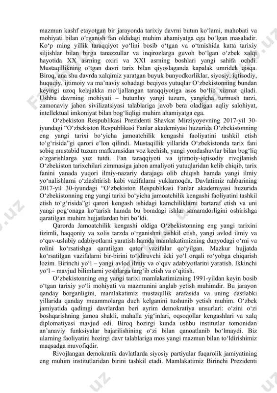 arayonlar tarixchilar tomonidan qadam-baqadam o‘rganilib borildi va ilmiy tadqiqot ob’ektiga aylandi. o‘zbekiston jamiyati hayotida kechayotgan demokratik o‘zgarishlar, fuqarolik jamiyatini shakllantirish vositalari, ko‘ppartiyaviylik tizimining vujudga kelishi va rivojlanishi kabi mavzular tarixchilar tomonidan o‘rganila boshlandi. mustaqillik yillarida ijtimoiy-iqtisodiy va madaniy sohadagi o‘zgarishlar respublika viloyatlari va shaharlari misolida tadqiq etildi. mustaqillik yillarida o‘zbekiston aholisining milliy xususiyatlari va demografik rivojlanishi jarayonlarini o‘rganish dolzarb ahamiyat kasb etdi. tarixiy o‘zgarishlarning demografik jarayonlarga ta’siri hamda ularning turli jihatlarini tahlil etish mamlakatda amalga oshirilayotgan kuchli fuqarolik jamiyatini shakllantirishga, islohotlarning ijtimoiy samarasini oshirishga qaratildi. tarixchilar tadqiqot ob’ekti bo‘lgan ma’lum hududni mustaqillik yillaridagi rivojlanishining o‘ziga xos xususiyatini o‘rganish orqali iqtisodiy, agrar, madaniy sohada amalga oshirilayotgan islohotlar va ularning natijalarini yoritdilar. mazkur tadqiqotlarning davriy chegarasi, manbaviy asoslari turlicha bo‘lishiga qaramay, bu izlanishlarning umumlashmasi mustaqillik yillarida mamlakat iqtisodiy ijtimoiy va madaniy jarayonlarini yaxlit bir manzarasini shakllantirishda muhim material bo‘lib xizmat qiladi mustaqillik davri ijtimoiy jarayonlarini turli jihatlarini ma’lum xronologik doirada o‘rgangan tadqiqotlar …