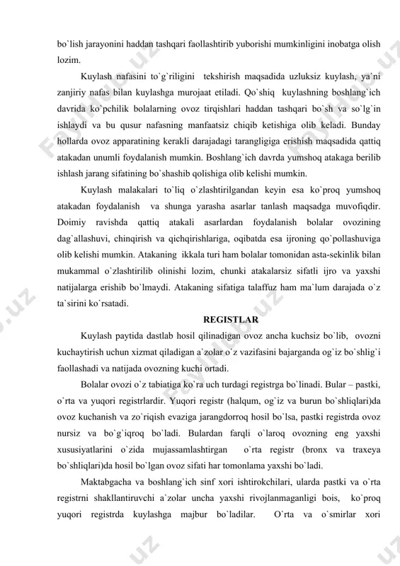 xorning ijro amaliyotida qattiq va yumshoq tovush atakalaridan foydalanib, bolalardagi bo`g`iz pardalarining zichroq bekilishiga intilmoq kerak. bolalar ovozi o`ta nozik va nafis bo`lib, kuchli jarang tabiatan ularga xos emas va bunday ijro albatta o`zining salbiy ta`sirini ko`rsatadi. shunday ekan, qattiq atakaning tabiati ham shunga mos bo`lishi, oqibatda ovozni bo`rtirishga olib kelishi hamda ovoz hosil bo`lish jarayonini haddan tashqari faollashtirib yuborishi mumkinligini inobatga olish lozim. kuylash nafasini to`g`riligini tekshirish maqsadida uzluksiz kuylash, ya`ni zanjiriy nafas bilan kuylashga murojaat etiladi. qo`shiq kuylashning boshlang`ich davrida ko`pchilik bolalarning ovoz tirqishlari haddan tashqari bo`sh va so`lg`in ishlaydi va bu qusur nafasning manfaatsiz chiqib ketishiga olib keladi. bunday hollarda ovoz apparatining kerakli darajadagi tarangligiga erishish maqsadida qattiq atakadan unumli foydalanish mumkin. boshlang`ich davrda yumshoq atakaga berilib ishlash jarang sifatining bo`shashib qolishiga olib kelishi mumkin. kuylash malakalari to`liq o`zlashtirilgandan keyin esa ko`proq yumshoq atakadan foydalanish va shunga yarasha asarlar tanlash maqsadga muvofiqdir. doimiy ravishda qattiq atakali asarlardan …