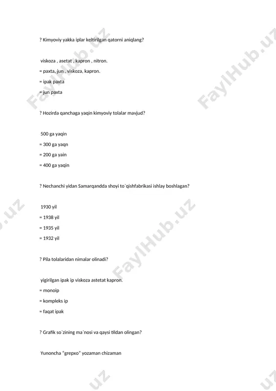 a = 3 ga = 4 ga = 6 ga ? o`zbekistindagi monumental devoriy rasimlarning moxir ustasi kim? chingiz axmarov = o` tansiqboyev = yu elizoriv = p benhev ? xvii asirning mashxur olimi oq yorug`likni ko`p ekanligini isbotlagan olim kim? issak nuyuton = a savrasev = i v gyutini = s chyukov ? tasviriy san`at maxsus metodikasining maqsadi nima? nuqsoni bo`lgan bolalarni san`atga jalb etish va rassomchilik qobilyatini shakilantirish = nutqini ravon qilish = predmet va xodisalarni idrok etish = nuqsoni bartaraf etish ? qaysi olimning etirof etishicha karlik bilan tebranish sezgilari orasida uzviy bog`liqlik mavjud deb aytgan? e p neymon = k d ushiniskiy = s a zikov = a savrason ? tasviriy faoliyat mashg`ulotlari bolalarda ko`rgazmaliy amaliy faoliyatda barcha fikirlash operatsiyalarini takomilashadi deb qaysi olim ta`kidlaydi? a a venger = v a tavorski = e. p. neymon = a. zikov ? siklografiya nima? xarakat kinemetikasini qayd etish …