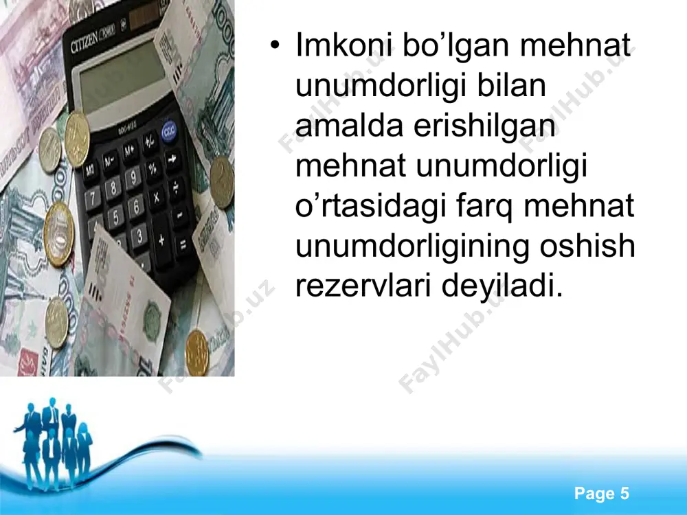 i va xizmatchilarning ishga chikmasligini qisqartirish xisobiga ish vaqtidan foydalanishni yaxshilash; normal mehnat sharoitining buzilishi natijasida sarflanadigan mehnatni bartaraf etish; mehnatni to’g’ri tashkil etish evaziga mahsulot ishlab chiqarish normasini bajarmaydigan ishchilar sonini kamaytirish; ilg’or ish tajribalarini qo’llash, ishchilarning malakasini oshirish, ishni yaxshi tashkil etish, ishlab chiqarishni boshqarish jarayonini takomillashtirish va tarkibini yaxshilash natijasida boshqarish xodimlarning sonini qisqartirish va boshqalar. free powerpoint templates page * asosiy tayanch tushunchalar ish haqi, nominal va rеal ish haqi, ishbay, vaqtbay ish haqi, ishbay mukofotli ish haqi, vaqtbay mukofotli ish haqi, akkord haq to’lash, tarif tizimi, tarif stavkasi, mеhnat unumdorligi, mеhnat intеnsifligi, mеhnat unumdorligini oshish rеzеrvi. free powerpoint templates page * adabiyotlar ro‘yxati 1.o‘zbekiston respublikasi konstitutsiyasi. t., "o‘zbekiston 2009 y. 2.referat.arxiv.uz 3.ziyonet.uz