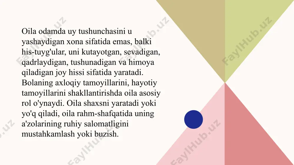 dlarining bilim qiziqishlarini saqlab qolish va yanada rivojlantirishda yordami kerak. 19 sevgi va qo'llab-quvvatlash barqarorlik va bashorat qilish aloqa sifati xulq-atvor namunalari o'z-o'zini hurmat qilish va o'ziga ishonchni rivojlantirishga yordam beradi kelajakda xavfsizlik va ishonch hissi yaratadi muloqot va ijtimoiy moslashuv ko'nikmalarini rivojlantirishga yordam beradi qadriyatlar va ko'nikmalarni shakllantirishga yordam beradi sevgining etishmasligi o'z-o'zini hurmat qilishning past darajasiga va o'zingizga nisbatan salbiy munosabatga olib kelishi mumkin beqarorlik va tasodifiylik tashvish va ishonchsizlikni keltirib chiqarishi mumkin salbiy aloqa nizolarga va munosabatlardagi muammolarga olib kelishi mumkin salbiy xatti-harakatlar noto'g'ri qadriyatlar va salbiy odatlarga olib kelishi mumkin bolaning shaxsiyatini rivojlantirishga oilaning ta'sirining qiyosiy jadvali: faktor ijobiy ta'sir salbiy ta'sir ta'lim va rivojlanishota-onalar farzandining ta'limi va rivojlanishida muhim rol o'ynaydi. ular uni o'qishda qo'llab-quvvatlashlari, uy vazifalarida yordam berishlari va o'rganishga qiziqishni rag'batlantirishlari mumkin. ota-onalar, shuningdek, bolaga o'zini rivojlantirish va o'zini namoyon qilish uchun imkoniyat yaratib, uning iste'dodi va qiziqishlarini rivojlantirishga yordam berishlari mumkin umuman …