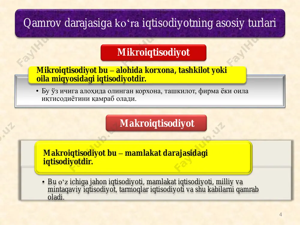 yotining ma'lum bosqichlarida amal qiladi maxsus, o‘ziga xos iqtisodiy qonunlar alohida olingan iqtisodiy tizim sharoitida amal qiladi 20 iqtisodiy kategoriyalar • iqtisodiy xodisa va jarayonlar o‘zaro aloqada, bog‘liqlikda, ziddiyatda, o‘zaro ta'sir va rivojlanishda oddiydan murakkabga tomon doimiy xarakatda bo‘ladilar, deb qarashga asoslanuvchi usul dialektik usul • tahil chog‘ida halal berishi mumkin bo‘lgan ikkinchi darajali omillar, voqea-xodisalarni fikrdan chetlashtirib, o‘rganilayotgan jarayonning asl mohiyatiga e'tibor qaratish ilmiy abstraksiya usuli • iqtisodiy xodisa va jarayonlarni o‘rganishda ularga tarixiylik hamda asosiy ichki zarur mantiqiy qonuniy bog‘lanishlar nuqtai-nazaridan yondoshish mantiqiylik va tari xiylikning birligi • iqtisodiy xodisa va jarayonlarni alohida qismlarga ajratish (tahlil) va aksincha, œrganilgan qismlardan olingan xulosa va natijalarni bir butun, yaxlit jarayon deb qarab, umumiy xulosa chiqarish(sintez)ga asoslangan usul. tahlil va sintez usuli • iqtisodiy xodisa va jarayonlarni nisbatan qulay shart-sharoitlarda o‘rganish hamda amaliyotga tatbiq etish maqsadida ularni sun'iy ravishda hosil etish, shakllantirishga asoslangan iqtisodiy eksperiment usuli • iqtisodiy voqea-jarayonlarni o‘rganishda xususiy, …