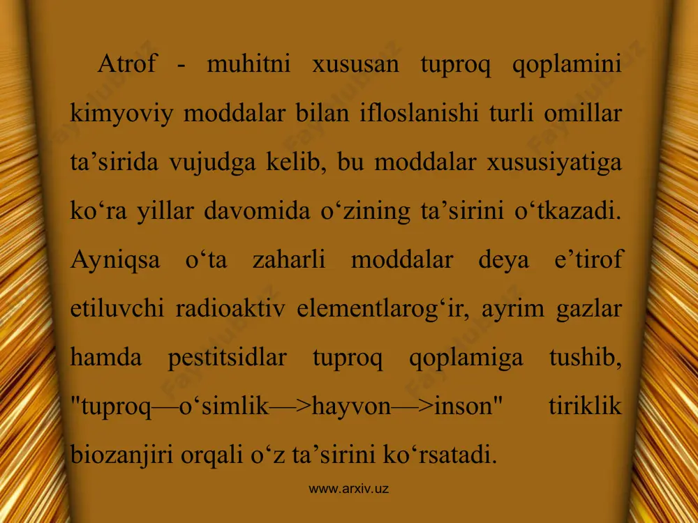 blikamizda ko‘nroq uchraydi. chunki davlatimizda qishloq xo‘jalik tarmog‘i keng yo‘lga qo‘yilgan. www.arxiv.uz www.arxiv.uz www.arxiv.uz www.arxiv.uz respublika miqyosida atrof muhitga chiqarilgan asosiy ifloslantiruvchi moddalarning soxalar ulushi bo‘yicha dinamikasi (yilda/mivg tonna) mustaqillikka erishgunga qadar dehqonchilik faoliyatida pestitsidlar yoppasiga keng masshtabda qo‘llanilgan va yillar davomida ularning qoldiqlari to‘planishi natijasida tuproqning ifloslanishi vujudga kelgan www.arxiv.uz www.arxiv.uz www.arxiv.uz www.arxiv.uz har bir tuproqka tushgan kimyoviy modda tuproq qatlamlarida saqlanib, miqdori ortib boraveradi, ya’ni tuproq qoplami uzok yillar davomida zaharli moddalar ta’sirida qoladi. yuqoridagi ifloslovchi manbalardan turli ko‘rinishda (suyuq, qattik, gaz va boshqa) tuproq qoplamiga tushadi, ayniqsa sanoatlashgan toshkent va navoiy viloyalarida turli ko‘rinishdagi chiqindilar miqdori yuqori bo‘lib, chiqindilarning asosiy qismi maxsus maydonlarga ko‘miladi. www.arxiv.uz www.arxiv.uz sanoat va maishiy chiqindilar bo‘yicha olib borilayotgan amaliy islohatlar natijasida ma’lum qismi zararsizlantirilib, qayta ishlanmoqda, bu bilan tuproq qoplami kimyoviy ifloslanishining kamayishiga erishilmoqda. buni quyidagicha ifodalash mumkin: atmosfera havosiga chiqarilayotgan minglab tonna tashlanmalar yil davomida yomg‘ir, qor, shamol va boshqa omillar …