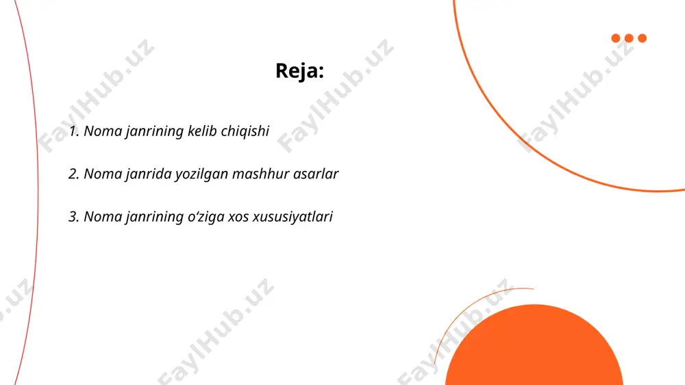 rning matni odatda murakkab qafiyalarga ega va ko‘pincha o‘ziga xos ohangda kuylanadi. nomaning o‘ziga xosligi, shuningdek, turli mintaqalarda har xil rivoyat va hikoyalar asosida shakllanganligidadir. bu janr, bajarilish usuli va musiqiy bezaklari bois madaniy meros sifatida e’zozlanadi. noma ijrochilari ko‘pincha ustoz-shogird an’analari orqali o‘z mahoratlarini oshiradilar. ... t.me/slaydai_bot 4. noma janrining rivojlanish tarixi noma janri o'zbek adabiyotida muhim o'rin egallaydi. bu janrning rivojlanishi 19-asr oxiri va 20-asr boshlariga to'g'ri keladi. nomaning ilk vakillari orasida nodira, uvaysiy va gulxaniy kabi shoirlar bor edi. keyinchalik, 20-asrda abdulla qodiriy, abdulla to'ra o'g'li va g'ofur g'ulom kabi yozuvchilar bu janrda ijod qilishni davom ettirdilar. noma janrida asarlar odatda shaxsiy va ijtimoiy muammolarni yoritishga qaratilgan bo'lib, ular poetik shaklda yozilgan. bu janrning rivojlanishi o'zbek adabiyotini yangi mavzular va uslublar bilan boyitdi va jamiyatda keng qabul qilindi. ... t.me/slaydai_bot noma janri o‘zbek adabiyotida muhim o‘rin tutadi va uning rivojlanishiga bir qancha atoqli adiblar hissa qo‘shgan. bu …
