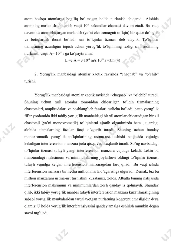 ha million marta o’zgarishga ulguradi. demak, biz bu million manzarani ustma-ust tushishini kuzatamiz, xolos. albatta buning natijasida interferension maksimum va minimumlardan xech qanday iz qolmaydi. shunday qilib, ikki tabiiy yorug’lik manbai tufayli interferension manzara kuzatilmasligining sababi yorug’lik manbalaridan tarqalayotgan nurlarning kogerent emasligidir deya olamiz. u holda yorug’lik interferensiyasini qanday amalga oshirish mumkin degan savol tug’iladi. odatda, to’lqin tizmasining l uzunligi kogerentlik masofasi, atomning nur chiqarib turish vaqti esa kogerentlik vaqti deb ataladi. shu prinsip, ya’ni tabiiy yorug’lik manbaidab chiqayotgan nurning o’zini o’zi bilan interferensiyalashtirish prinsipi asosida yorug’likning bir qator interferensiya usullari amalga oshirilgan. yuqorida muhokama qilingan yung tajribasida m1 va m2 tirqishlar ikki kogerent manbadek xizmat qiladi. kogerent manbalarni hosil qilishda eng ko’p qo’llaniladigan usul frenel’ ko’zgularidan foydalanishdir (6-rasm). ikkita yassi ko’zgu bir-biriga 1800 ga yaqin burchak ostida yondoshtiriladi. m manbadan chiqayotgan yorug’lik nurlari ko’zgulardan qaytib shunday yo’naladiki, bu yo’nalishlarni teskari tomonga davom ettirsak (rasmdagi punktir chiziqlar), ular ko’zgular orqasidagi …