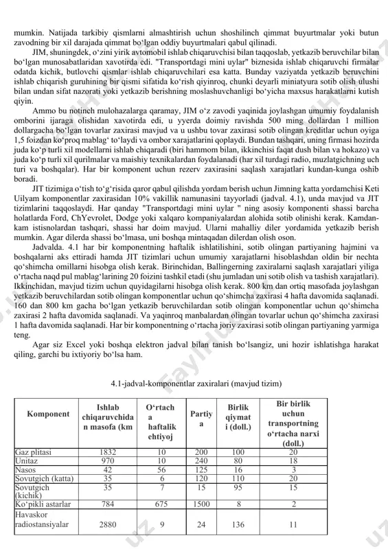 r ikki sababga ko‘ra qabul qilindi: birinchidan, jimning avtomobilsozlik sohasida ishlagan sobiq hamkasblari, ikkinchidan, "transportdagi mini uylar"ning eng katta tarkibiy qismi-transport vositasining o‘rnatilgan shassidir. buni amerikaning engil yuk mashinalari ishlab chiqaruvchilardan biridan sotib olinadi. ushbu sohadagi boshqa firmalar singari, jim kompaniyasi ham yakuniy mahsulotning juda kam qismlarini ishlab chiqargan. aslida, mahsulot butunlay boshqa ishlab chiqaruvchilardan sotib olingan tarkibiy qismlardan yig‘ilgan. biroq, alohida komponentlar transport vositasiga eng samarali o‘rnatiladigan aniq belgilangan tartib mavjud edi. bir kuni jimga ma’lum bo‘ldiki, butlovchi qismlarni tashish va saqlash xarajatlari ularni sotib olishning umumiy xarajatlarining ancha katta qismini tashkil qiladi va ularni sezilarli darajada kamaytirish vaqti kerakligini tushundi. u allaqachon "o‘z vaqtida" (jit) tizimlari haqida eshitgan. u professional seminarda yozgan ba’zi yozuvlarga ko‘ra, jit ishlab chiqarish tizimi toyota motor tomonidan 45 yil oldin ishlab chiqilgan. bu tovar zaxiralariga alohida yondashuvni nazarda tutgan, bu esa o‘z navbatida ishlab chiqarishni tegishli tashkil etishni, mahsulot sifatini nazorat qilishni, yetkazib …