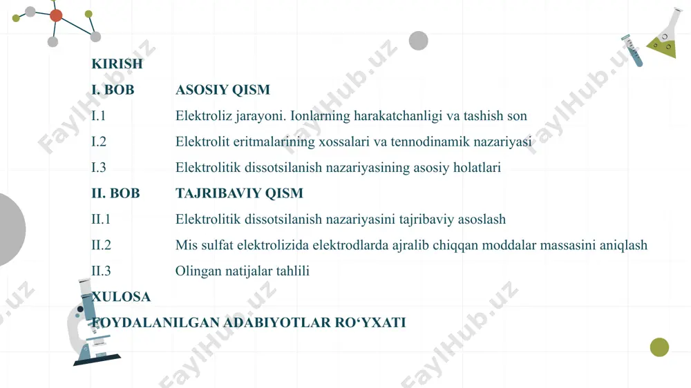 amalar bilan ifodalanadigan bogʻlanishlar mavjud. faradeyning birinchi qonuni: bu qonunga binoan, har bir eleklrodda ajralib chiqqan yoki erigan moddaning miqdori eritmadan o'tgan elektr tokining miqdoriga va uning kimyoviy ekvivalentiga to‘g‘ri proporsionaldir: ( i.1) bu yerda: i — tok kuchi (amper); g — ajralib chiqqan moddaning miqdori (gramm); α— moddaning ekvivalent massasi (g-ekv); - τ- elektroliz vaqti (sek); n - g-ekv lar soni; f = 96493 kulon — faradey soni. faradayning ikkinchi qonuni: faradayning ikkinchi qonuni elektrolizda ajralib chiqadigan moddalarning massalari turli moddalar uchun bir xil miqdordagi elektr zaryadi o‘tkazilganida, ularning ekvivalent massalari nisbatida bo‘ladi. bu qonun turli elektroliz jarayonlarida bir xil elektr zaryadi ta’sirida ajralib chiqadigan moddalar miqdorlarini hisoblashga imkon beradi. formulasi: bu yerda: m1 va m2 – turli moddalarning massalari, e1 va e2 – moddalarning elektrokimyoviy ekvivalentlari. ii.2 mis sulfat elektrolizida elektrodlarda ajralib chiqqan moddalar massasini aniqlash ishning maqsadi: elektrokimyoviy ekvivalentni aniqlash usuli va qurilmasi bilan tanishish. kerakli asbob …
