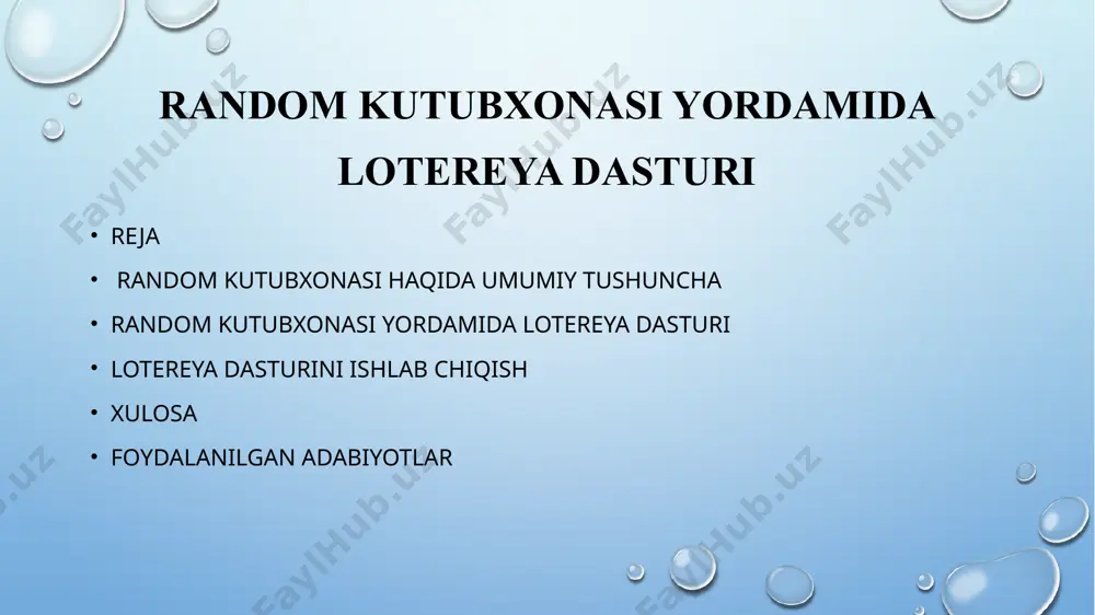 y dasturlashda tasodifiy sonlar bilan ishlash ko‘plab sohalarda muhim o‘rin egallaydi. ayniqsa, o‘yinlar, test generatorlari, simulyatsiyalar va lotereya kabi tizimlarda random kutubxonasi vositasida tasodifiylikni joriy etish asosiy mexanizmlardan biri hisoblanadi. shuning uchun, random kutubxonasi yordamida lotereya dasturini yaratish mavzusi nafaqat dasturlash ko‘nikmalarini chuqurlashtirish, balki real hayotdagi muammolarni algoritmik yondashuvlar orqali hal qilishni o‘rganish uchun ham dolzarb hisoblanadi. lotereya dasturlari hayotda keng qo‘llaniladi — masalan, aksiyalar, sovrinli o‘yinlar, foydalanuvchilar orasida g‘oliblarni aniqlash kabi jarayonlarda adolatli va shaffof tanlovlarni amalga oshirish uchun foydalaniladi. ushbu tizimda tasodifiylik printsipining to‘g‘ri ishlashi juda muhim bo‘lib, bu random kutubxonasining imkoniyatlarini chuqur o‘rganishni taqozo etadi. random kutubxonasi — bu python dasturlash tilida ishlatiladigan standart kutubxona bo’lib, tasodifiy sonlar, tasodifiy tanlovlar va tasodifiy tartiblash (shuffling) kabi funksiyalarni taqdim etadi. bu kutubxona statistik modellashtirish, o’yinlar yaratish, test ma’lumotlarini yaratish yoki shunchaki turli xil tasodifiy hodisalarni simulyatsiya qilishda keng qo’llaniladi. random kutubxonasi tasodifiy raqamlar va tasodifiy hodisalarni yaratish uchun ko’plab …