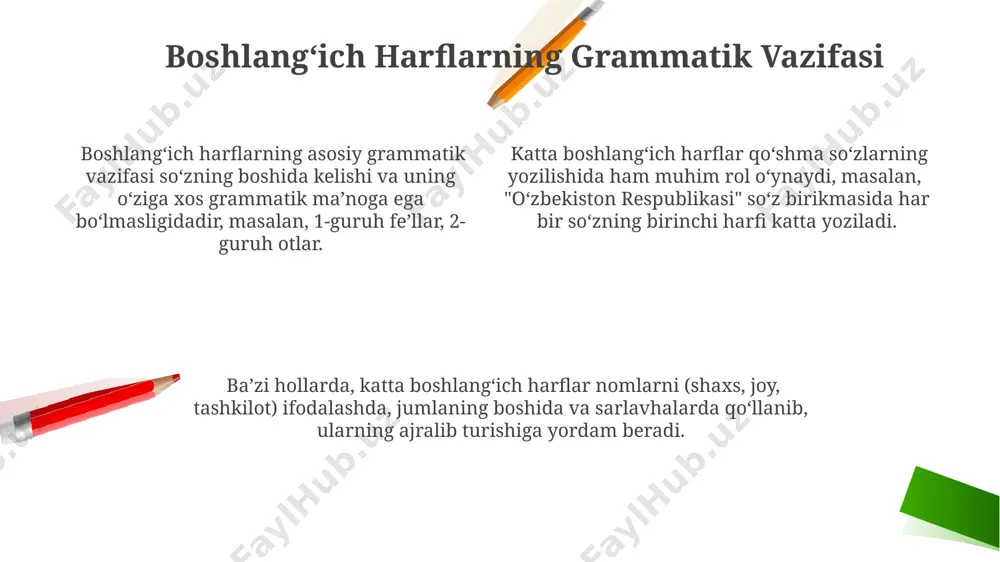 llar mavjud. qadimgi yozuvlar va boshlangʻich harflar qadimgi yozuv tizimlarida, masalan, misr iyerogliflarida yoki shumer klinoformalarida, 20 dan ortiq boshlangʻich belgilar mavjud boʻlib, ular fonetik yoki ideogrammatik funksiyalarni bajargan. oʻrta osiyo hududlarida topilgan qadimgi yozuv namunalarida, taxminan miloddan avvalgi 1-ming yillikka oid, logogramlar va 30 ga yaqin boshlangʻich belgilar aniqlangan. qadimgi yunon alifbosining 24 ta harfi, shu jumladan, 5 ta unli va 19 ta undosh harfdan iborat boʻlib, keyinchalik koʻplab boshqa alifbolarning shakllanishiga asos boʻlgan. boshlangʻich harflar va matn tahlili boshlangʻich harflar tahlili matnni avtomatlashtirilgan tarzda tasniflashda muhim rol oʻynaydi, masalan, 1000 ta hujjatni saralashda 20% vaqtni tejashga yordam beradi. boshlangʻich harflar chastotasi statistik tahlil orqali matn muallifini aniqlashda, ya'ni xat yozish uslubi va leksik xususiyatlarini tahlil qilishda foydali vosita hisoblanadi. ushbu usul, ayniqsa, katta hajmdagi matn korpuslarida, masalan, 50 000 dan ortiq matnli fayllarda tezkor va samarali natijalar beradi. boshlangʻich harflar va lugʻatlar boshlangʻich harflarning lugʻatdagi chastotasi 26 ta …