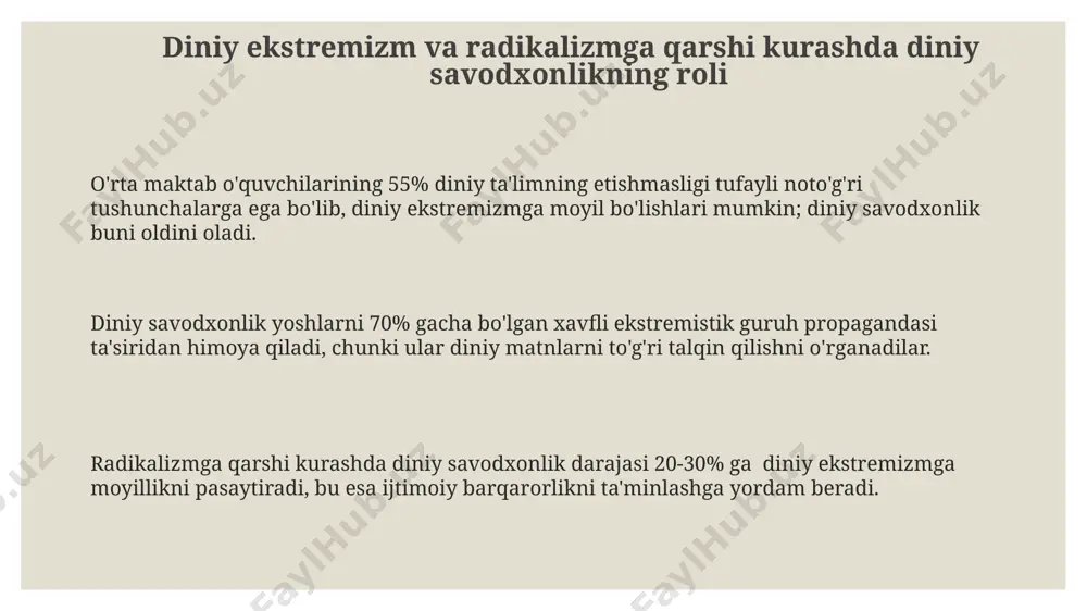 ekstremizm va terrorizmning oldini olishda diniy savodxonlikning roli beqiyosdir, chunki u noto'g'ri talqinlarga qarshi kurashish va 15-25 yoshdagi yoshlarning radikal g'oyalarga moyilligini kamaytirishga yordam beradi. e'tiboringiz uchun rahmat @taqdimot_robot