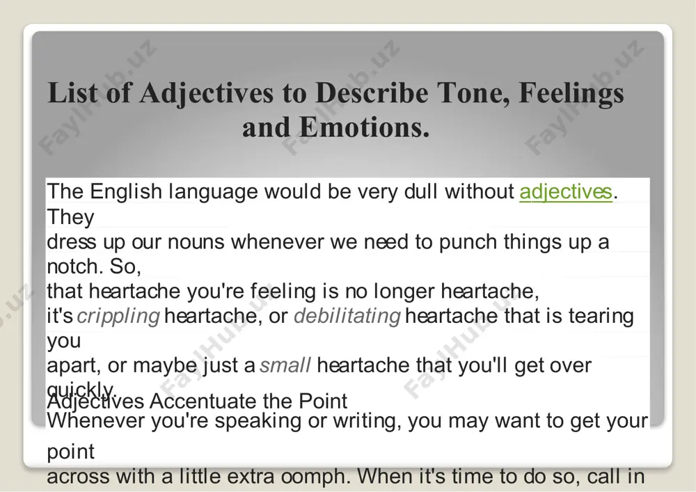 adjective for emotions (negative): themiserableboy walked home in the rain. adjectives for emotions (positive): thejubilantboy walked home in the rain. often, feelings are something we can more visibly see or experience. whether someone's sad, mad, happy, or ecstatic, feelings tend to house our emotions, amplifying a particular situation.for example: adjectives for feelings (negative): theshygirl flushed with embarrassment. adjectives for feelings (positive): thedelightedgirl flushed with anticipation. tips for using adjectives it can be difficult to find just the right word to describe a tone or feeling being experienced by someone. you never want tocome across soundingtrite, or use an adjective that's too weak to express the gravity of a particular situation. it's a bit like building your vocabulary. the more you read, the more you'll discover new words and meanings, including adjectives, and how they are used to highlight emotions. that said, like anything else that's good in life, keep it …
