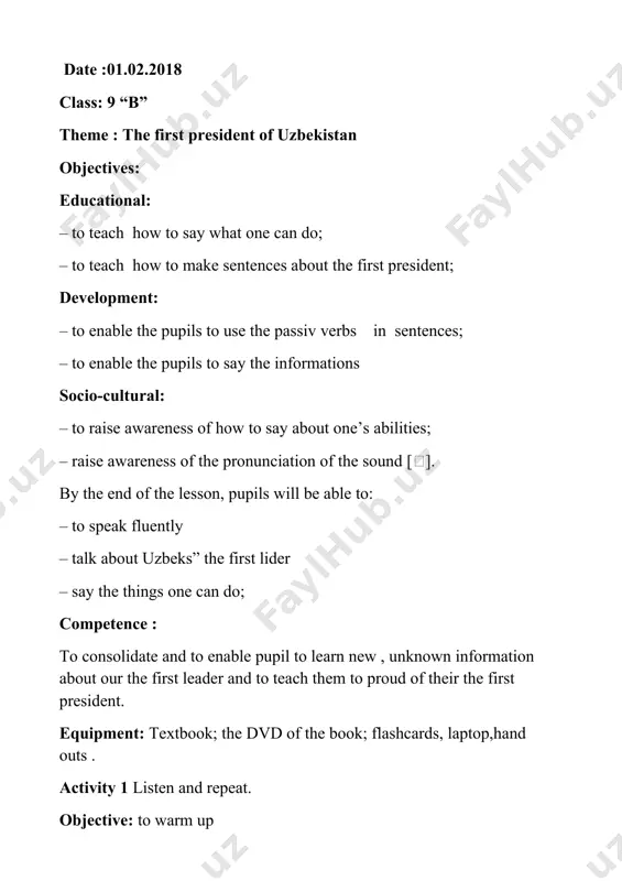 he died on 2 september 2016. activity 2. musn’t repeat each others information objective: to revise the informations activity 3 reading task. objective: to enable the pupils to use their mind and put the true ,false correctly. islam karimov was the leader of uzbekistan and its predecessor state, the republic of uzbekistan,from 1989 until his death in 2016. he was the president of uzbek from 24 march 1990 until he declared the independence of uzbekistan on 1 september 1991. he declared uzbekistan an independent nation on 31 august 1991 and won its first presidential election on 29 december 1991,with 86 % of the vote . karimov’s first presidential term was extended to 2000 by way of a referendum ,and he was re elected in 2000,2007 and 2015, each time receiving over 90 % of the vote. karimov was born in samarkand on 30 january,1938 to uzbek parents who were servants. …
