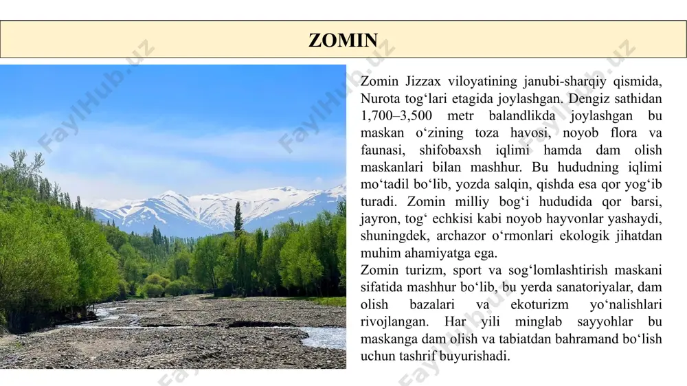 havosi va go‘zal tabiati bilan mashhur bo‘lib, bu yerda bir necha dam olish va sog‘lomlashtirish maskanlari joylashgan. zomin sanatoriyasi – o‘zbekistonning eng yirik sog‘lomlashtirish maskanlaridan biri bo‘lib, yurak-qon tomir kasalliklari, nafas yo‘llari muammolari va umumiy sog‘liqni tiklash uchun mo‘ljallangan. bu yerda shifobaxsh muolajalar, mineral vannalar va tog‘ havosidan foydalangan holda reabilitatsiya dasturlari amalga oshiriladi. "zomin plaza", "xonqa" kabi turistik bazalar zamonaviy sharoitlarga ega bo‘lib, oilaviy dam olish va tog‘ turizmi uchun juda qulay. bu maskanlarda mehmonxonalar, sport maydonchalari va ko‘ngilochar xizmatlar mavjud. oilaviy dam olish zonalari – zominning tabiiy landshafti va ekologik muhitidan bahramand bo‘lish uchun turli sayyohlik yo‘nalishlari va dam olish maskanlari tashkil etilgan. tog‘ etaklarida joylashgan oromgohlar nafaqat mahalliy, balki xorijiy sayyohlar uchun ham katta qiziqish uyg‘otadi. ekoturizm va sayyohlik imkoniyatlari zomin tog‘larida ekoturizm va faol dam olish uchun keng imkoniyatlar mavjud. tog‘ yurish (trekking) va velosiped marshrutlari sayyohlar orasida ommalashgan. qishda bu hudud chang‘i va snoubord sporti …