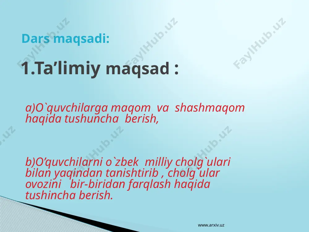 ladi. “o’rin, joy, daraja, martaba, manzilgoh. 4. 3-turi mavjut, 6 maqom shashmaqom xorazm maqomlari farg’ona , toshkent maqom yo’llari 3. xonandalar. www.arxiv.uz etiboringiz uchun rahmat www.arxiv.uz image1.jpeg image2.png image3.jpeg image4.gif image5.gif image6.jpeg image7.jpeg image8.jpeg image9.jpeg image10.jpeg image11.jpeg image12.jpeg image13.jpeg image14.jpeg