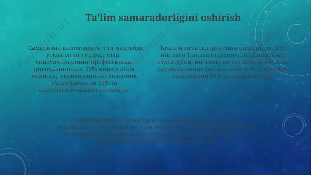 yondashuvda, o'quvchilarning individual farqlari kam hisobga olingan holda, 100 nafardan ortiq o'quvchiga bitta darslikdan foydalanish keng tarqalgan edi. sovet davrida (20-asr) an'anaviy yo'nalishdagi ta'lim usullari, 30 dan ortiq fanni bitta o'qituvchi tomonidan samarqand kabi shaharlardagi maktablarda o'tilishi bilan tavsiflanadi. an'anaviy ta'lim usullarida, masalan, 19-asr o'zbekistoni maktablarda 5-7 yoshli bolalarga asosan og'zaki hikoya qilish va yodlash orqali bilim berish keng tarqalgan edi. zamonaviy didaktik tendentsiyalar zamonaviy didaktika 21-asr talablariga javoban, masalan, o'zbekistonda 5 ta asosiy yo'nalish bo'yicha rivojlanmoqda: shaxsiylashtirilgan ta'lim, masofaviy o'qitish, kompetensiyaga asoslangan yondashuvlar va axborot-kommunikatsiya texnologiyalarining integratsiyasi. innovatsion pedagogik texnologiyalar, xususan, "flipped classroom" metodikasining 30% ga yaqin samaradorligi aqsh va yevropa mamlakatlaridagi tadqiqotlar bilan tasdiqlangan. bu, o'quvchilarning mustaqil o'rganishini rag'batlantiradi. global miqyosda, ta'limning "gamification" yondashi, o'yin elementlarini o'qitish jarayoniga qo'llash orqali, o'quvchilarning faolligi va motivatsiyasini 15-20% oshirishga yordam beradi, masalan, janubiy koreya tajribasi shuni ko'rsatadi. e'tiboringiz uchun rahmat @taqdimot_robot image3.png