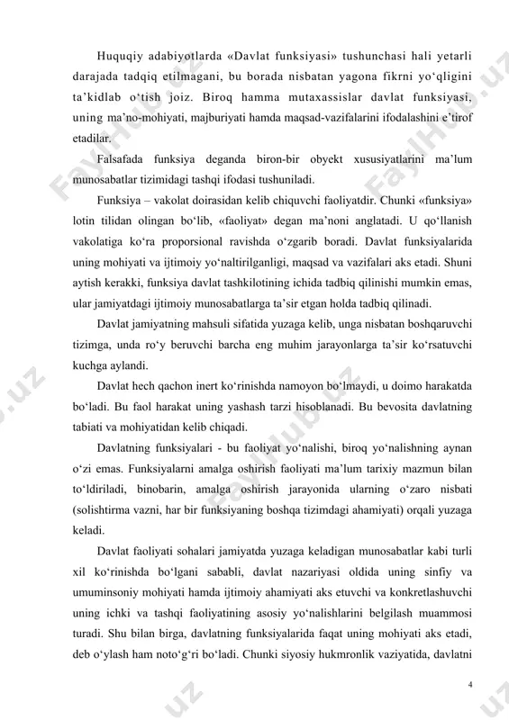 vlat faoliyatini (biroq uning organlari faoliyatini emas) «maydalash» demakdir. bosh yo‘nalishlar – davlat faoliyatining ijtimoiy muhim tarmoqlari bo‘lib, ularni amalga oshirishga uning biror - bir alohida bo‘g‘inlari emas, balki barcha organlari jalb qilinadi. aks holda jamiyatning mohiyati va ijtimoiy ahamiyati funksiyalarda o‘z aksini topmaydi, oxir- oqibatda esa, «davlatning funksiyasi» kategoriyasi o‘zining nazariy va amaliy ma’nosini yo‘qotib, mavhum (quruq muhokamaga asoslangan) bir tushunchaga aylanadi. s. a. komarov davlatning funksiyalarini nafaqat uning faoliyat yo‘nalishlari, balki jamiyatdagi jarayonlarga ta’sir ko‘rsatish mexanizmi sifatida talqin qilishni taklif etadi. u davlat jamiyat hayotining u yoki bu sohalarida ma’lum funksiyalarni bajara borib, bir vaqtning o‘zida, o‘tkazilayotgan islohotlar, turli o‘zgarishlar, ijtimoiy aloqalarni huquqiy tartibga solish vositasida jamiyatdagi jarayonlarning holatiga ta’sir ko‘rsatishiga ishora qiladi. bundan kelib chiqadiki, davlatning jamiyatdagi jarayonlar rivojlanishiga ta’sir ko‘rsatish mexanizmini davlatning funksiyalari tushunchasiga kiritish u qadar to‘g‘ri bo‘lmaydi, chunki bunda davlatning funksiyalari umuman uning mexanizmi faoliyatiga yaqinlashtirish hamda davlatning faoliyatini turli huquqiy ta’sir vositalari bilan …