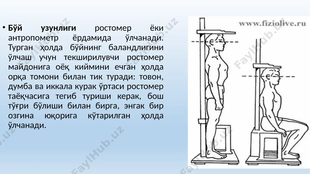 manfiy hisoblanadi. indeks usuli: m = 50 + (l - 150) x 0,32 + yosh -21 (ayollar uchun) 5 og‘irlik (m) va bo‘y (l) orasidagi o‘zaro bog‘liqlikni broks tavsiya etgan oddiy hisoblash orqali topish mumkin: l = 155 – 165 sm bo‘lganda, m = l - 100 (kg), l = 166 – 175 sm bo‘lganda, m = l - 105 (kg), l = 175 sm dan yuqori bo‘lganda, m = l - 110 (kg). ketle indeksi yoki og‘irlik – bo‘y indeksi. bu usul bilan bo‘yning har bir santimetriga qancha gramm og‘irlik bo‘lishi kerakligi aniqlanadi. tana og‘irligi, gr bo‘y uzunligi, sm ga nisbati og‘irlikli (gr) bo‘yga (sm) bo‘lib topiladi, erkaklar uchun o‘rtacha 370-400 gr sm ga aniq bo‘ladi, ayollarda 325-375 gr. sm. xayot indeksi . __o‘ts, ml____ tana og‘irligi,kg ga nisbati bu indeks nafas olish apparatining funktsional imkoniyatlari haqida ma'lumot beradi va uts ni (ml) tana og‘irligiga (kg) bo‘lish orqali aniqlanadi, …