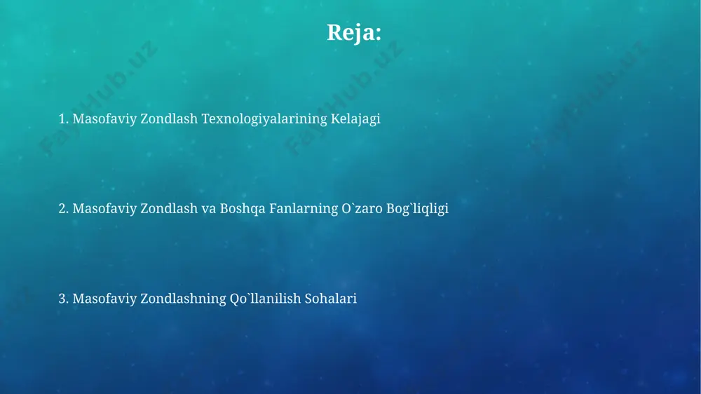 ari (gait) bilan birgalikda 3d modellashtirish va shahar rejalashtirishda qo‘llanilib, 1000 dan ortiq binolarni aniqlash va tahlil qilish imkonini beradi. qishloq xo‘jaligi sohasida, 20 ga yaqin turdagi ekinlarni aniqlash va hosil prognozini aniqlash uchun masofadan zondlash spektroskopiya usullari bilan birgalikda qo‘llaniladi. geologiya va tabiiy resurslarni boshqarishda masofadan zondlash masofadan zondlash geologik xaritalarni yaratishda 80% gacha vaqtni tejaydi, bu esa minerallar va neft-gaz konlarini aniqlashni tezlashtiradi va xarajatlarni kamaytiradi. yer osti suv resurslarini baholashda masofadan zondlash texnologiyalari yordamida o'simliklarning vegetatsion indekslarini tahlil qilish orqali 15% gacha aniqroq natijalarga erishish mumkin. masofadan zondlashning qoʻllanilish sohalari geologik xaritalashda, masalan, 1000 kv.km maydonni o'rganishda, masofadan zondlash texnologiyalari yer osti tuzilmalarini aniqlashda va mineral konlarini qidirishda muhim ahamiyatga ega. atmosfera ifloslanishini kuzatishda, masofadan zondlash orqali 5 dan ortiq ifloslantiruvchi moddalarni aniqlash va ularning konsentratsiyasini o'lchash mumkin, bu atrof-muhitni muhofaza qilishda yordam beradi. shaharlarni rejalashtirish va boshqarishda masofadan zondlash masofadan zondlash shaharlarning 3d modellashtirilishi va 500 …