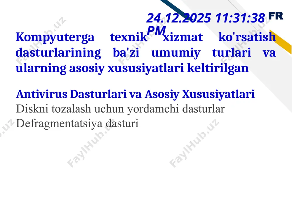 tni ta’minlash uchun mo‘ljallangan. drayverlar kompyuterning apparat qurilmalari va operatsion tizim o‘rtasidagi muhim vosita bo‘lib, ular to‘g‘ri ishlashi uchun eng so‘nggi yangilanishlarni talab qiladi. vaqt o‘tishi bilan eskirgan yoki noto‘g‘ri drayverlar tizim ishlashiga salbiy ta'sir qilishi mumkin, shuning uchun driver updater dasturlari apparatning barqaror ishlashini ta’minlaydi fr 16 24.09.2024 15:50:08 defragmentatsiya dasturlari driver booster driver easy snappy driver installer avg driver updater driver genius fr 17 24.09.2024 15:52:30 tizimni optimallashtirish vositalari ushbu dasturlar sozlamalarni o'zgartirish va texnik xizmat ko'rsatish vazifalarini bajarish orqali umumiy tizim ish faoliyatini optimallashtirishga qaratilgan. advanced systemcare, glary utilities, iobit system optimizer fr 18 24.09.2024 15:53:51 dasturlarni zaxiralash va tiklash zaxiralash dasturi ma'lumotlar yo'qolishi yoki tizimning ishlamay qolishi holatlarida tiklash uchun fayllaringiz, sozlamalaringiz va hatto butun tizimingiz nusxalarini yaratishga yordam beradi. acronis true image, easeus todo backup, macrium reflect. fr 19 24.09.2024 15:54:41 o'chirish dasturlari ushbu vositalar o'rnatilgan dasturiy ta'minotni, shu jumladan qolgan fayllar, papkalar va ro'yxatga …