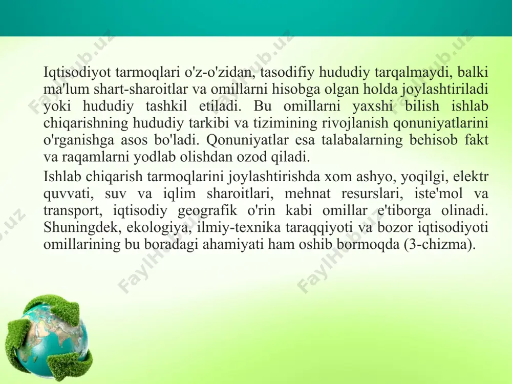 ar doim ham yetakchi kuchga ega emas. issiqlik elektrostansiyalari yoki metallurgiya zavodlari iste'mol rayonlarida ham joylashtirilishi mumkin. bunday hol neft va uning mahsuloti mazut, tabiiy gaz asosida ishlovchi issiqlik elektr stansiyalarini qurishga taalluqli (yoqilg'ining quvurlarda keltirilishi iqtisodiy jihatdan ma'qulroq) bo'ladi. elektr quvvati. hozirgi zamon ishlab chiqarishini, hatto transport va qishloq xo'jaligini ham elektr quvvatisiz tassavur qilish qiyin. bu sohaning o'ziga xos xususiyati shundaki, u yaratgan maxsulotni, ya'ni elektr quvvatini jamg'arib, omborxonalarga yig'ib bo'lmaydi, undan ayni paytning o'zida foydalanish kerak;. bundan tashqari, elektr quvvati yuqori kuchlanishli elektr tarmoqlari (shoxobchalari) orqali uzoq masofalarga berilishi mumkin. xuddi shu maqsadda kansk-achinsk, ekibastuz ("ikki bosh tuzi") ko'mir havzalarida yirik yoqilg'i-energetika majmualari barpo etilgan. angren ko'mir havzasida ham xuddi shunday majmua yaratilgan. ammo ba'zan murakkab tog' sharoitiga ega bo'lgan rayonlarda elektr quvvatini uzoqqa uzatish iktisodiy jihatdan ma'qul hisoblanmaydi. bu quvvatdan mumkin qadar shu joyning o'zida foydalanish lozim bo'lib qoladi. odatda elektr, quvvati omilini ishlab chiqarishning hududiy …