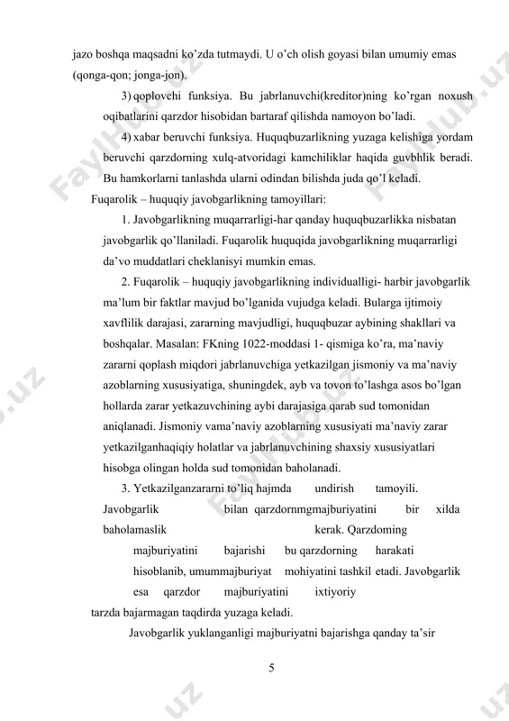 h miqdori jabrlanuvchiga yetkazilgan jismoniy va ma’naviy azoblarning xususiyatiga, shuningdek, ayb va tovon to’lashga asos bo’lgan hollarda zarar yetkazuvchining aybi darajasiga qarab sud tomonidan aniqlanadi. jismoniy vama’naviy azoblarning xususiyati ma’naviy zarar yetkazilganhaqiqiy holatlar va jabrlanuvchining shaxsiy xususiyatlari hisobga olingan holda sud tomonidan baholanadi. 3. yetkazilganzararni to’liq hajmda undirish tamoyili. javobgarlik bilan qarzdornmgmajburiyatini bir xilda baholamaslik kerak. qarzdoming majburiyatini bajarishi bu qarzdorning harakati hisoblanib, umummajburiyat mohiyatini tashkil etadi. javobgarlik esa qarzdor majburiyatini ixtiyoriy tarzda bajarmagan taqdirda yuzaga keladi. javobgarlik yuklanganligi majburiyatni bajarishga qanday ta’sir qiladi? fkning 330-m, 1-qismiga ko’ra, qonunda yoki shartnornada boshqacha tartib nazarda tutilgan bo’lmasa, majburiyat lozim darajada bajarilmagan taqdirda neustoyka to’lash va zarami qoplash qarzdorni asl holidagi majburiyatini bajarishdan ozod qilmaydi. quyidagicha hollarda majburiyat bajarilmagan taqdirda zararni qoplash va uning bajarilmaganligi uchun neustoyka to’iash qarzdorni majburiyatni asl holida (natura) bajarishdan ozod qiladi jumladan, kechiktirib yuborish oqibatida o’zi uchun ahamiyatini yo’qotgan, ijroni kreditorning qabul qilishdan bosh tortishi (fk 337r-m, …