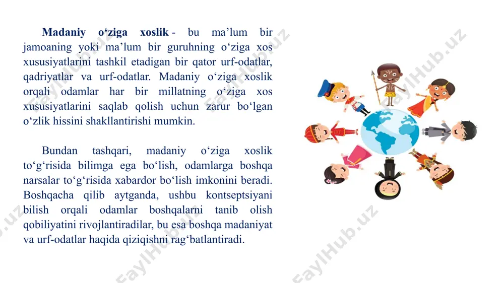y izlash; yangi iqtisodiy resurslarni ixtiro qilish; noyob resurslarni keyinchalik ularni muomalaga kiritish maqsadida bozor jarayonining individual agentlari mulkida to‘plash va konsentratsiya qilish; raqobatchilarning tajovuzidan maxfiy ma’lumotlarni va boshqa iqtisodiy foydalarni himoya qilish; tadbirkorlik tuzilmalarining barqarorligi va omon qolishini ta'minlash; tadbirkorlik madaniyatiga amal qilish; ishlab chiqarishda muvaffaqiyat qozonish ehtimoli yuqori bo‘lgan bozor tarmoqlarini tanlash uchun tezkor ma’lumot qidirish. 4. madaniyat va dunyoqarash dunyoqarash - bu kognitiv madaniyat deb ataladigan madaniyat turi haqida gapirish usuli. bu dunyo qanday ishlashini har bir inson ongida aqliy tushunishidir. dunyoqarash tushunchasi har bir kishining dunyoga nisbatan o’z qarashi, o’zi va o’zgalar, hayot va olam to’g’risidagi tasavvurlari, xulosalari bo’ladi. ana shu tasavvurlar, tushunchalar, qarash va xulosalar muayyan kishining boshqa odamlarga munosabati va kundalik faoliyatining mazmunini belgilaydi. dunyoqarashning bir kishiga yoki alohida shaxsga xos shakli individual dunyoqarash deyiladi. guruh, partiya, millat yoki butun jamiyatga xos dunyoqarashlar majmuasi esa, ijtimoiy dunyoqarash deb yuritiladi. ijtimoiy dunyoqarash individual dunyoqarashlar yig‘indisidan …