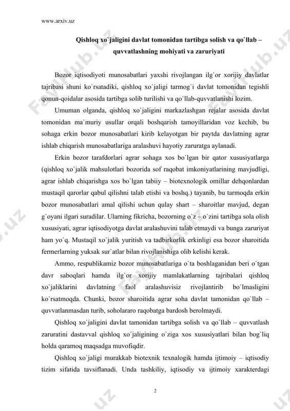 rar soha davlat tamonidan qo`llab – quvvatlanmasdan turib, soholararo raqobatga bardosh berolmaydi. qishloq xo`jaligini davlat tamonidan tartibga solish va qo`llab – quvvatlash zaruratini dastavval qishloq xo`jaligining o`ziga xos xususiyatlari bilan bog`liq holda qaramoq maqsadga muvofiqdir. qishloq xo`jaligi murakkab biotexnik texnalogik hamda ijtimoiy – iqtisodiy tizim sifatida tavsiflanadi. unda tashkiliy, iqtisodiy va ijtimoiy xarakterdagi omillar bilan birgalikda yer, suv, o`simlik va chorva mollari organizm, yorug`lik, issiqlik, havo, tabiiy iqlim va jug`rofiy joylashuv kabi tabiiy omillar ham muhim ahamiyat kasb etadi. ishlab chiqarish jarayonida turli tavsifdagi ushbu omillar uyg`unlashib ketadi. ishlab chiqarish – xo`jalik faoliyatiga ta`sir ko`rsatuvchi omillarning serqirraligi va murakkab tizimdan iboratligi qishloq xo`jaligi karxonalariningsamarali faoliyat ko`rsatish imkoniyatlarini cheklaydi. xususan, ishlab chiqarish tabiiy omillarning bir qismini (ob – havo, tabiiy – iqlim sharoiti va h.k.) boshqarish dehqonlarning imkoniyatlar doirasidan tashqari bo`lib, ularni oldindan rejalashtirib yoki oldini olib bo`lmaydi. ammo, bu omillarning qulay yoki noqulay sharoitlarda kelishi xo`jalikning yakuniy moliyaviy natijalariga kuchli …