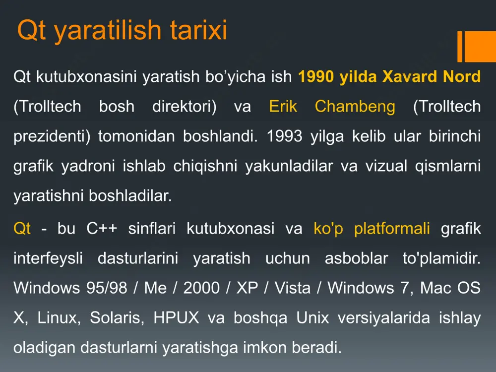 ytidagi foydalanuvchi kabinetlarida mavjud.o'rnatuvchini ishga tushirish uchun sizga qt saytida ro’yxatdan o’tish kerak. qt-ning bu akkaunt ma'lumotlaridan tizimiga kirish va qt-ning barcha ma'lumotlarini,shu jumladan forum va vikilaridan foudalanish uchun ishlatish mumkin. agar sizda qt akkaunti bo'lmasa, uni o'rnatish jarayonida yaratishingiz, ro’yxatdan o’tishingiz mumkin. qt ni o'rnatish va sozlash. qt ni o'rnatish va sozlash. qt ni o'rnatish va sozlash. onlayn o'rnatuvchida (https://www.qt.io/download) o'rnatishingiz mumkin bo'lgan tijorat yoki ochiq manbali, bepul qt versiyasini, vositalarni va qo'shimcha dasturlarni tanlashingiz mumkin. onlayn o'rnatuvchidan foydalanish uchun qt foydalanuvchi kabinetiga kirish kerak. o'rnatuvchi foydalanuvchi kabinetida biriktirilgan litsenziyani serverdan oladi va litsenziyaga mos keladigan tarkibiy qismlar ro'yxatini taqdim etadi. qt-ni yuklab olish sahifasida onlayn o'rnatuvchini olish mumkin. onlayn o'rnatuvchini yuklab olgandan so'ng, ushbu o'rnatuvchini ishga tushirishingiz kerak. qt ni o'rnatish va sozlash. qt ni o'rnatish va sozlash. qt ni o'rnatish va sozlash. qt dasturlash muhitida loyiha yaratish va uning tarkibi. oynalar yaratish va ular bilan ishlash. . …