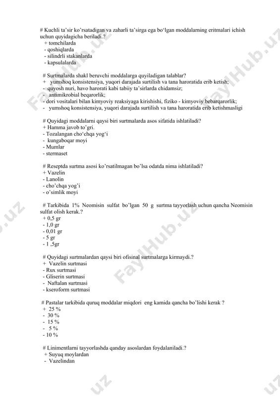qaytmas # biologik to‘siqlarga kirmaydi? + pinotsitoz - kapillyarlar devoir - hujayralar (sitoplazmatik) membranasi - gematoensefalik to‘siq # dori vositalarining organizmdan chiqarilish yo‘llariga kirmaydi? + og‘iz orqali - buyraklar orqali - o‘t suyuqligi orqali - bezlar orqali # qonga tushgan zaharlovchi moddani chiqarilishini tezlashtirishga kirmaydi? + tungi diurez - forsirlangan diurez - plazmoferez - gemodializ # dori bilan davolashning turlariga kirmaydi? + patofiziologik terapiya - etiotrop (kauzal) terapiya - simptomatik terapiya - patogenetik terapiya # pilokarpin aseklidindan farqli o‘laroq? + ko‘proq zaharli va asosan mahalliy ta’sir uchun ishlatiladi. - siydik pufagi atoniyasi. - buyrak sanchig‘i. - bronxial va hazm bezlari sekresiyasining susayishi. - kamroq zaharli hamda mahalliy va rezorbtiv ta’sir uchun ishlatiladi. # antixolinesteraz vositalarning ta’sir mexanizmi? + xolinergik sinapslarda asetilxolin gidrolizining susayishi. - xolinergik sinapslarda asetilxolin gidrolizining kuchayishi. - xolinergik nervlarning oxirida asetilxolin sintezining susayishi. - xolinergik nervlarning oxirida asetilxolin sintezining kuchayishi. - xolinergik nervlarning oxiridan asetilxolin ajralishining qo‘zg‘alishi. …