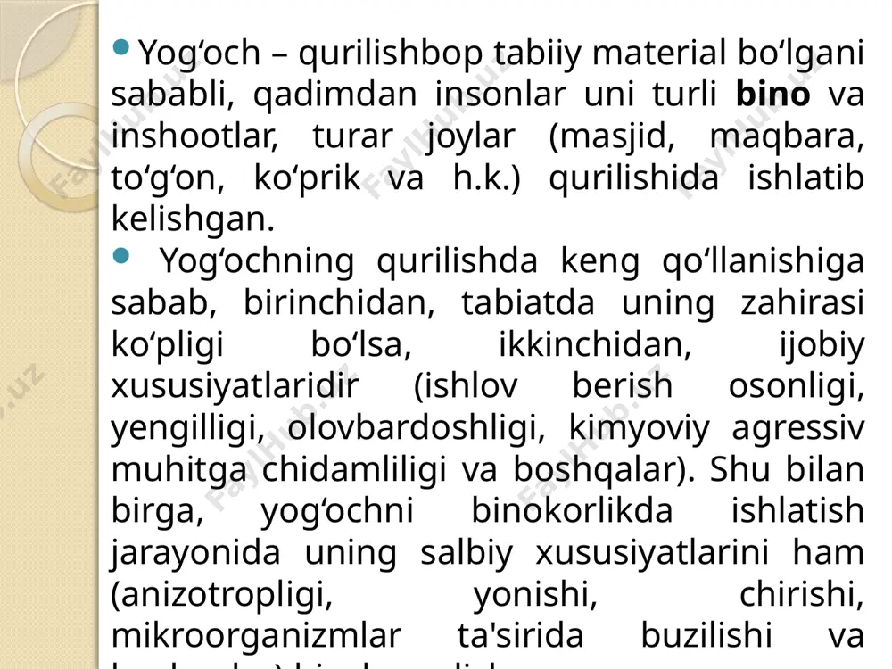 ladi. birinchi guruh – yuk ko‘tarish qobiliyati bo‘yicha (mustahkamlik, turg‘unlik); ikkinchi guruh – deformatsiya bo‘yicha ( egilish, siljish). yog‘och konstruksiya va elementlar birinchi guruh chegara holat bo‘yicha – hisobiy yuklarga, ikkinchi guruh bo‘yicha esa – me’yoriy yuklarga hisoblanadi. yuklarning turlari va ularni aniqlash. yog‘och konstruksiya va elementlarga ta’sir qiluvchi yuklar asosan bir necha guruhga bo‘linadi, doimiy, qisqa muddatli, uzoq muddatli, maxsus yuklar. maxsus yuklarning seysmik va avariya xolatida sodir bo‘ladigan va boshqa ta’sirlar singari turlari ham mavjud. birikmalar uchun asosan turli sintetik yelimlardan, ya’ni kb-3-fenolformaldegidli, fr-12- rezorsinli, eps - epoksidli, poliefirli, kremniy organik yelimlardan foydalaniladi. yelimlangan choklar asosan ko‘ndalang (a), bo‘ylama (b) va burchak ostida (v) bo‘ladi. yog‘och konstruksiyalarni biriktirish. birikmalar quyidagi guruhlarga bo‘linadi: bog‘lovchisiz birikmalar (taqab va o‘yib biriktirish); siqilishga ishlaydigan bog‘lovchili birikmalar; egilishga ishlaydigan bog‘lovchili birikmalar (shponkali va kolodkali birikmalar); cho‘zilishga ishlaydigan bog‘lovchili birikmalar (boltli, vintli va xamutli birikmalar); siljishga ishlaydigan bog‘lovchili birikmalar (yelimli birikmalar). image2.jpeg image3.jpeg image4.jpeg …