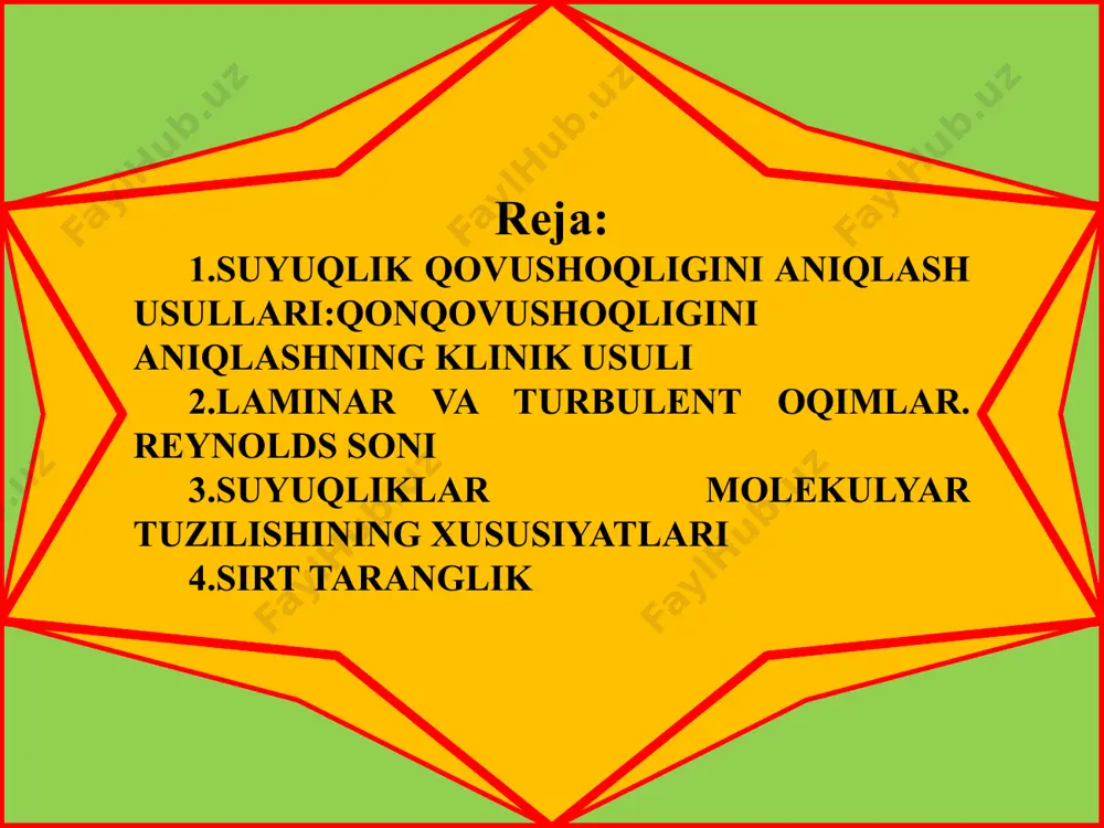 ch momentini qo‘zg‘almas silindrga ko‘rsatadigan ta’siriga qarab o‘lchanadi. rotatsion viskozimetrlar yordamida suyuqliklaming 1-105 pas oraliqlardagi qovushoqligi o'lchanadi, ya’ni surkov moylarining, eritilgan silikatlar va metallaming, katta qovushoqlik lak va yelimlarning, loy-tuproqli qorishmalar vahokazolaming qovushoqliklari aniqlanadi. . rotatsion viskozimetrlar gess viskozimetridan . hozirgi paytda klinikalarda qonning qovushoqligini aniqlashda ikkita kapillyarli gess viskozimetridan foydalaniladi. uning tuzilish sxemasi 2.7-b rasmda berilgan. ikkita bir xil a1 b1 va a1 b2 kapillyarlar, ikkita 1 va 2 trubalar bilan tutashtirilgan. kran 4ni ochib rezina nay 3 orqali nok yoki og‘iz yordamida a! b[kapillyar va 1 truba bo'ylab distillangan suvni 0 belgigacha so‘rib keltiriladi va kran berkitiladi. a2 b2 ikkinchi kapillyar 2 trubada ham tekshiriladigan qonni 0 belgigacha keltiriladi, kranni ochib truba 3orqali trubadagi qon darajalangan 1 belgisiga kelguncha unda ikkinchi trubadagi suv boshqa belgigacha ko‘tariladi. suvni va qonni kapillyar bo‘ylab oqish sharoiti bir xil, lekin ularning qovushoqligi turlicha bo‘lgani sababli 1 va 2 trubalardagi suv va qonning …