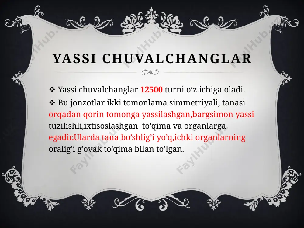 ladi. paypaslagichlari,terisi va ko’zchalari planariyaning sezgi organlari bo’lib hisoblanadi. u haroratni,suvning tarkibini,mexanik ta’sirlarni va ko’zlari yordamida yorug’likni sezadi. oq planariya tanasining oldingi qismida ikkita urg’ochilik jinsiy organi- ovasimon tuxumdonlari; ulardan keyinroqda pufakka o’xshash va butun tana bo’ylab tarqoq joylashgan erkaklik jinsiy organlari –urug’donlar joylashgan. oq planariya tuxumdonlarda tuxumlar,urug’donlarda esa urug’ hujayralari-spermatozoidlar hosil bo’ladi. urug’langan tuxumlari to’p-to’p qilib pilla ichiga qo’yiladi.tuxumdan chiqqan yosh planariyalar pilla devorini yorib suvga chiqadi. oq planariya bitta planariya tanasidan ikki xil jinsiy hujayralar – tuxumlar va urug’ hujayralar rivojlanadi. organizmda ham urg’ochilik, ham erkaklik jinsiy organlari bo’lgan hayvonlar germafrodit deyiladi oq planariyaning tuxumlari oq planariya planariyada regeneratsiya xususiyati juda ysxshi rivojlangan. noqulay sharoit tug’ilganda planariya mayda bo’laklarga bo’linib ketib, qulay sharoit tug’ilganda yana har bir bo’lakdan alohida organizm rivojlanishi mumkin. planariya tanasining 279 bo’lagidan bittasi ham to’liq organizmga aylanganligi tajribada kuzatilgan. kiprikli chuvalchanglar oq planariya singari tanasi yassi, tashqi tomondan kipriklar bilan qoplangan hayvonlar kiprikli chuvalchanglar …