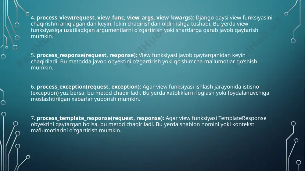 aliy misol (javobga sarlavha qo‘shish): class responseheadermiddleware: def __init__(self, get_response): self.get_response = get_response def __call__(self, request): response = self.get_response(request) response['x-custom-header'] = 'bu middleware orqali kiritildi' return response bu middleware view funksiyasi javob qaytarganidan so‘ng unga qo‘shimcha sarlavha (x-custom-header) qo‘shyapti. django'da custom controller sinflari yaratish django mvc (model-view-controller) arxitekturasini qo‘llaydi, ammo view bu faqat foydalanuvchi interfeysini taqdim etuvchi qism emas. u, aslida, http so‘rovlari (request) va javoblarini boshqarish, ma'lumotlar bazasidan ma’lumot olish, shablonlar bilan ishlash kabi ko‘plab vazifalarni bajaradi. django'da har bir view uchun maxsus sinf yaratish mumkin. custom controller yaratish — bu django’da o‘zimizga moslashtirilgan, qayta ishlatiladigan va kengaytiriladigan view sinflarini yozish imkonini beradi. bundan tashqari, ko‘p hollarda, bir nechta view’lar bir xil xususiyatlarga ega bo‘lishi mumkin. shunda kodni takrorlamaslik va yaxshilash uchun custom controller sinfidan foydalanish juda foydalidir. 1. o‘ziga xos view sinflarini yozish django’da custom view yaratish uchun biz django.views.view sinfini kengaytiramiz va unda http metodlariga (get, post, …