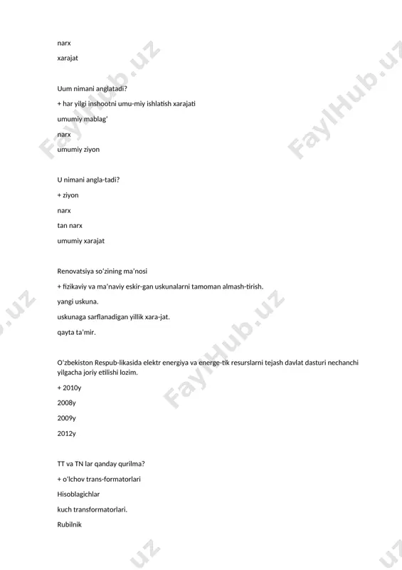 i-ladi? +ku ks k3 kv xisobiy kuvvatni aniqlashda qaysi koeffitsent ishla-tiladi? +ks kv k3 ku maksimal kuvvatni xisoblashda qaysi quvvat qo‘llani-ladi? +rsm rsk re rr transformatorda xizmat kursatishga normasini ko‘rsa-ting? +3% 6 % 4 % 8 % birinchi toifa uchun transforma-torning yuklama koeffitsienti o‘rta-cha qancha bo‘ladi? +0,7 0,6 0,8 0,4 p + 3 i2sk r 10-3 formula nima-ni aniqlaydi? +xavo liniyasidagi aktiv kuvvat isrofi dvigateldagi kuvvat isrofi generatordagi kuvvai isrofi energiya isrofini aniqlash elektr sxemalar bog‘lanish qo‘llani-lishi buyicha necha sinfga bo‘linadi? +2 4 5 6 chizmalar ko‘rinish-da elektr sxemalar bog‘lanishi buyicha necha turga bo‘lina-di? +4 3 5 1 1 lyumen necha vt ga teng? +1/683 1/584 1/784 1/658 kompensatsiya ki-lishni talab kil-maydigan necha xil tadbirlar bor? +7 4 5 2 kompensatsiya ki-lish bilan bajari-ladigan necha xil tadbir bor ? +2 4 3 5 qachon sinxron dvi-gatel reaktiv quv-vat manbasi sifa-tida ishlaydi? +yuklamasiz ko‘p uzatish tokida yuklamada kam uzatish tokida, 80% …