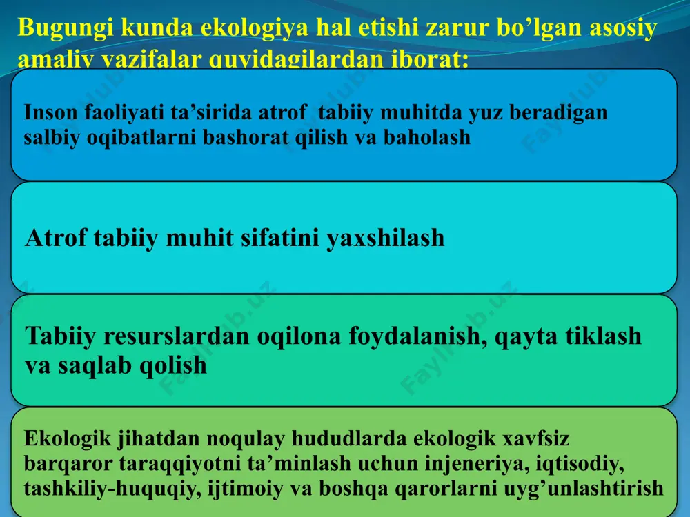 sh korxonalarida ishlatilgan chiqindi suvlar; transportning tashlanma suvlari; shaharlardan, hamda kimyoviy vositalar ishlatilgan dalalardan oqib chiqqan suvlar; kasalxonalar va chorvachilik komplekslaridan oqib chiqadigan tozalanmagan suvlar va boshqalar kiradi. neft va neft mahsulotlari, sun'iy yuvish vositalari, fenollar, pestitsidlar, rangli metallar, murakkab kimyoviy vositalar suvni ifloslovchi asosiy birikmalar hisoblanadi. oqova suvlarga tushadigan mineral, organik, bakterial va biologik ifloslovchi birikmalar ajratiladi. mineral ifloslovchilar odatda qum, loy, turli mineral tuzlar kislota va ishqorlar eritmasidan iborat. organik ifloslovchilar o‘simlik va hayvonlarning qoldiqlari, inson va hayvonlarning fiziologik chiqindilaridan iborat. bakterial va biologik ifloslovchilar asosan maishiy oqova suvlarda mavjuddir. so‘nggi yillarda okean ifloslanishi jahon ahamiyatiga ega bo‘lgan ekologik muammoga aylandi. dengiz va okeanlar asosan neft va neft mahsulotlari, sanoat va maishiy oqovalar, og‘ir metallar, radioaktiv birikmalar va boshqalar bilan ifloslanadi. o‘rta yer dengizi yer yuzidagi eng ifloslangan dengiz hisoblanadi.okean yuzasining neft bilan qoplanishi "okean-atmosfera" tizimida o‘zaro aloqadorlikning buzilishiga va yer yuzida kislorodning asosiy manbalaridan biri bo‘lgan yashil …
