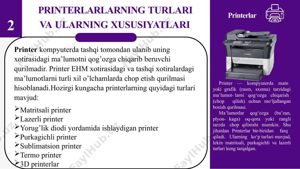 salari va shaxsiy ishlab chiqarish uchun keng tarqalgan. lazerli printerlar yuqori tezlikda chop etish imkonini beradi. bu ularga hujjatlarni tez va samarali tarzda ishlab chiqarishga imkon beradi. dupleks chop etish:ko'p lazerli printerlar avtomatik dupleks chop etish imkoniyatiga ega. bu, hujjatni ikki tomonlama chop etishni avtomatik ravishda amalga oshirishga imkon beradi va qog'oz sarflanishini kamaytiradi. 7 matritsali printerlar matritsali printerlar xx-asrning 70-80 yillarida kompyuter sohasida eng keng tarqalgan printerlar hisoblanadi. matritsali printerlar zarbli bosish qurilmasi ignalar yoki ingichka kichik o’zaklarni bitta vertikal qatoriga ega bosuvchi kallak bilan jixozlangan. 4 matritsali printerlar printerlar va ularning turlari matritsali printerlar, matn va rasmlarni chop etish uchun matritsa yoki nukta to'plamini ishlatadigan printerlardir. ular elektronik signal yordamida bo'lib, matn va grafikalarni chop etish uchun nukta to'plamlarini ishlatadi. bu printerlar boshqa chop etish texnologiyalariga nisbatan qulay narxlarda bo’ladi. matritsali printerlar chop etish natijalarida nukta to'plamlarini ko'rsatadi. natijada chop etilgan matn va rasmlarda nukta to'plamlari ko'rinadi va …