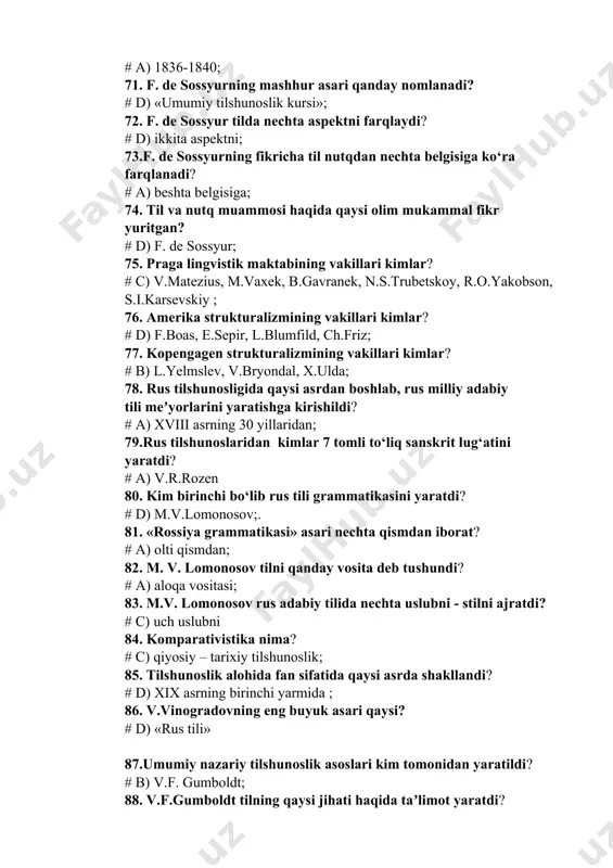 biologik hodisa; 91. naturalizm oqimining mashhur vakili kim? # d) a.shleyxer 92. psixologizm tilga qanday hodisa sifatida qaradi? # d) ruhiy hodisa; 93. psixologizm oqimining mashhur namoyandasi kim? # d) g.shteyntal; 94. psixologizm oqimi vakillaridan kim tilni tafakkurdan ajratmadi? # a) a.a.potebnya; 95. sho‘ro davri tilshunosligi tilni materialiga ko‘ra qanday hodisa deb tushuntiradi? # c) moddiy hodisa; 96. sho‘ro davri tilshunosligida til paydo bo‘lishiga ko‘ra qanday hodisa deb tushunildi? # d) ijtimoiy hodisa; 97. til, asosan, qanday vazifani bajaradi? # b) kommunikativ vazifani; 98. fonema nazariyasi kim tomonidan yaratilgan? # c) l.v.sherba tomonidan; 99. lingvistikaning qanday turlari mavjud? # a) ichki, tashqi, dinamik, statik, sinxron, diaxron, matematik linvistika va boshqalar; 100. til birligining ikki jihati nimadan iborat? # c) shakl va mazmundan 101. nutq nima? # a) tildan fikr almashuv maqsadida foydalanish jarayoni; 102. sistema nima? # a) qismlardan iborat butunlik; 103. struktura nima? # c) tuzilish, qurilish; 104. strukturalizm …