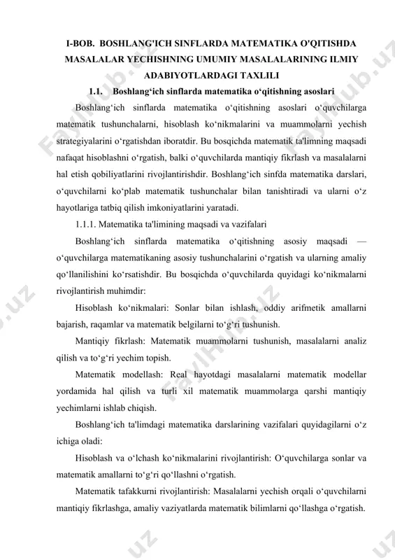 va turli simulyatsiyalar yordamida matematik tushunchalarni o‘rganish samarali bo‘ladi. bu metod o‘quvchilarga darsni qiziqarli va ko‘ngilochar tarzda o‘rganishga yordam beradi. boshlang‘ich sinflarda matematika o‘qitishda masalalar muhim o‘rin tutadi. masalalar o‘quvchilarga matematik tushunchalarni chuqurroq o‘zlashtirishga yordam beradi. masalalar quyidagi turlarga bo‘linadi: hisoblash masalalari: bu turdagi masalalar oddiy arifmetik amallarni bajarish orqali yechiladi. masalan, qo‘shish, ayirish, ko‘paytirish va bo‘lish masalalari. mantiqiy masalalar: o‘quvchilarga mantiqiy fikrlash va tahlil qilishni rivojlantirishga yordam beradi. bu masalalar ko‘pincha turli xil strategiyalarni qo‘llashni talab qiladi. geometrik masalalar: geometrik shakllar va ularning xususiyatlarini o‘rganishga qaratilgan masalalar. bu masalalar o‘quvchilarga geometrik ob'ektlar haqida tushuncha berib, ularni vizual tarzda tasavvur qilishga yordam beradi. amaliy masalalar: real hayotdagi masalalar bo‘lib, ular o‘quvchilarga matematik bilimlarni kundalik hayotda qo‘llashni o‘rgatadi. masalan, savdo-sotiq, vaqtni o‘lchash, masofa va tezlikni hisoblash kabi masalalar. boshlang‘ich sinflarda matematika o‘qitishning eng katta afzalliklaridan biri, o‘quvchilarda mustahkam asoslarni yaratishdir. darslarda matematika tushunchalarini o‘rganish orqali o‘quvchilar nafaqat arifmetikada, balki muammolarni hal …