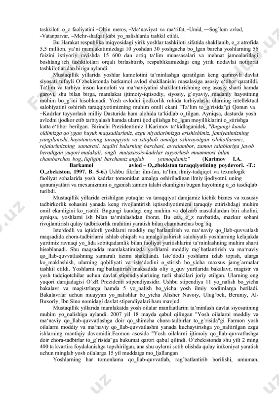 yoshlar ijtimoiy harakatining ta‘sis qurultoyi bo‗lib o‗tdi. ta‘sis qurultoyda harakatning dasturi va nizomi qabul qilindi. harakat nizomiga asosan, boshlang`ich tashkilotlar yoshlarning o‗qish, ish va xizmat joylarida tashkil etiladi. respublika yoshlarini birlashtirib, keng qamrovli faoliyat olib borgan ushbu yoshlar tashkiloti barkamol avlodni tarbiyalashda ulkan ishlarni amalga oshirdi. harakat tarkibida uning homiyligi asosida ishlaydigan, ―kamalak bolalar tashkiloti 7 yoshdan 14 yoshgacha bo‗lgan o‗quvchilarni birlashtirgan bo‗lib, 4,2 mln.dan ortiq bolalar tashkilotga a‘zo bo‗lib kirgan. ―kamalak bolalar tashkiloti o‗z faoliyatini ―oltin meros, ―ma‘naviyat va ma‘rifat, ―umid, ―sog`lom avlod, ―vatanparvar, ―mehr-shafqat kabi yo‗nalishlarda tashkil etildi. bu harakat respublika miqyosidagi yirik yoshlar tashkiloti sifatida shakllanib, o‗z atrofida 5,5 million, ya‘ni mamlakatimizdagi 10 yoshdan 30 yoshgacha bo‗lgan barcha yoshlarning 56 foizini ixtiyoriy ravishda 15 600 dan ortiq ta‘lim muassasalari va mehnat jamoalaridagi boshlang`ich tashkilotlari orqali birlashtirib, respublikamizdagi eng yirik nodavlat notijorat tashkilotlaridan biriga aylandi. mustaqillik yillarida yoshlar kamolotini ta‘minlashga qaratilgan keng qamrovli davlat siyosati tufayli o`zbekistonda barkamol …