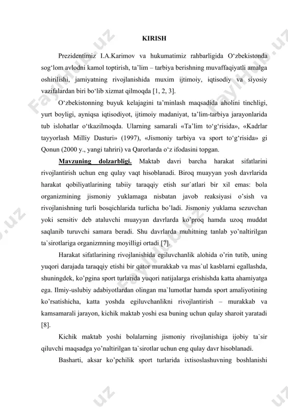 h sinf o’quvchilarida egiluvchanlikni rivojlantirish bo’yicha amaliy tavsiyalar taklif qilindi. i bob. yosh sportchilarni jismoniy tayyorlash va uning ahamiyati 1.1. yosh sportchilarni jismoniy tayyorlash tushunchasi, turlari, vazifalari va vositalari yosh sportchilarni jismoniy tayyorlash sport mashg’ulotlarining eng muhim tarkibiy qismlaridan hisoblanib, organizmni har tomonlama rivojlantirish, sog’liqni mustahkamlash, jismoniy qobiliyatlarni takomillashtirish va tayyorgarlikning barcha boshqa turlari uchun mustahkam funksional baza yaratishga yo’naltirilgan jarayon sifatida tushuniladi [10]. zamonaviy sport sportchilarning jismoniy tayyorgarligiga yuksak talablar qo’yadi. buni quyidagi omillar bilan izohlash mumkin: 1) sportdagi yutuqlarning o’sib borishi har doim sportchidan jismoniy qobiliyatlar rivojining yangi darajasini talab qiladi; 2) jismoniy tayyorgarlikning yuqori darajasi mashg’ulot va musobaqa yuklamalarini oshirishning zaruriy sharti [8]. qo’llaniladigan vositalarning ta`sir ko’rsatish xususiyati va yo’nalishiga ko’ra jismoniy tayyorgarlikni umumiy jismoniy tayyorgarlik (ujt), yordamchi hamda maxsus jismoniy tayyorgarlik (mjt) gurlariga bo’lib o’rganiladi. yosh sportchilarning umumiy jismoniy tayyorgarligi (ujt) yuksak natijalarga erishish uchun poydevor, zarur asos hisoblanadi. u quyidagi vazifalarni hal etishga qaratilgan: 1) …