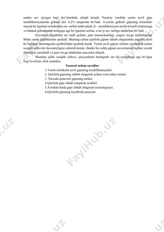 fogips - fosfat kislota ishlab chiqarish sanoatining chiqindisi xisoblanadi. fosfogipsning tarkibi asosan ikki molekula suvli gipsdan iborat. ikki molekula gips caso4∙2h2o ni yarim molekula suvli caso4∙0,5h2o yoki suvsiz angidrit caso4 gacha suvsizlashtirish gipsli bog‘lovchi moddalar ishlab chiqarishning asosini tashkil etadi. yarim molekula suvli gipsning nazariy tarkibi 38,63% cao, 55,18% co3 va 6,21% h2o iborat ikki molekula suvli gipsning suvsizlanishi darajasi xarorat va qizdirish muddati, xamda bug‘ bosimiga bog‘liq. suvli va suvsiz kalsiy sulfatni modifikatsiyalari (ko‘rinishi) xar xil xaroratlarda gipstoshini suvsizlantirib caso4ni bir nechta ko‘rinishdagi turlarini ishlab chiqarish mumkin: 1) ikki suvli kalsiy sulfat (caso4∙2h2o). 2) α - caso4∙0,5h2o. 3) β - caso4∙0,5h2o. 4) α – suvsizlangan yarim gidrat – α-caso4 5) β – suvsizlangan yarim gidrat – β- caso4. 6) α – eruvchan angidrit – α- caso4. 7) β – eruvchan angidrit - β caso4. 8) erimaydigan angidrit - caso4. bir xolatlarda 75-800c chan gipsni qizitish uning sekin suvsizlanishi uchun …
