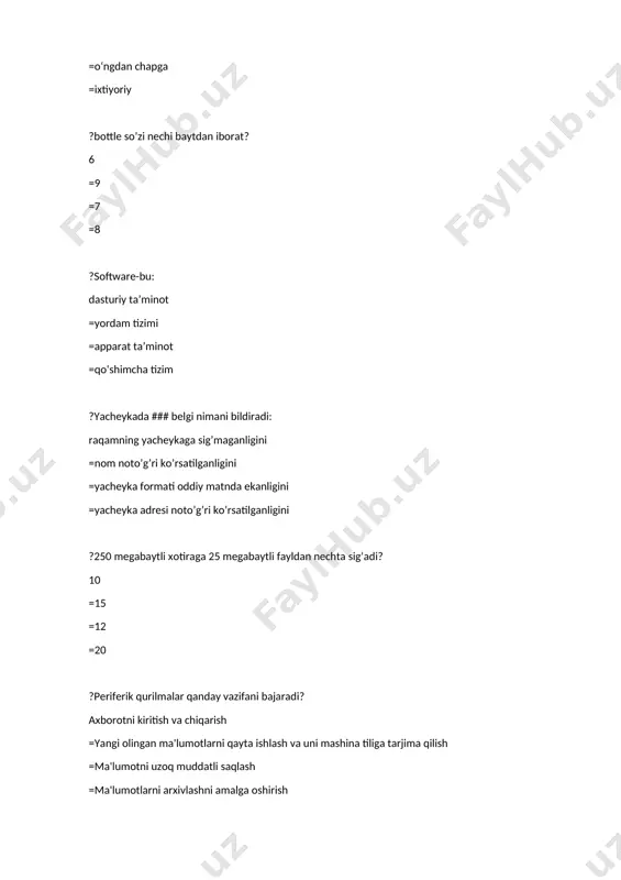 rtirish =“format shrifta” ga tegishli menyu bulimini ochish =ikkita chizikli xarflar ?ms excel 2019 versiyada «ложь» qanday funksiya hisoblanadi? финансовые =логические =текстовые =математические ?axborotni insonlar tomonidan nechta usullda qabul qilinadi? 5 =4 =3 =2 ?axborot nima? olamdagi butun borliq, undagi ro‘y beradigan xodisalar va jarayonlar xaqidagi xabar va ma’lumotlardir. =kompyuterdagi butun borliq, undagi ro‘y beradigan xodisalar va jarayonlar xaqidagi xabarlardir. =dunyodagi butun borliq, undagi ro‘y beradigan xodisalar va jarayonlar xaqidagi dasturdir. =olamdagi butun borliq, undagi ro‘y beradigan xodisalar va dasturlar xaqidagi xabar va ma’lumotlardir. ?quyidagilar ichidan eng kichik axborot o’lchov birligini ko’rsating? bit =gigabayt =bayt =megabayt ?vinchester bu..? qattiq magnitli disklarda axborot saqlovchi qurilma =egiluvchan disklarda axborot saqlovchi qurilma =disketa axborot saqlovchi qurilmalar =fleshka axborot saqlovchi qurilmalar ?windows so’zining ma’nosini ayting? oynalar, lavxalar =dasturlar, jildlar =asboblar, fayllar =diskli operatsion sistema ?quyidagi qurilmalarning qaysi biri yordamida internetga ulanish mumkin? modem =printer =kabel =plata ?operatsion tizim- bu:? kompyuterning barcha qurilmalarini o‘zaro ishlashini …
