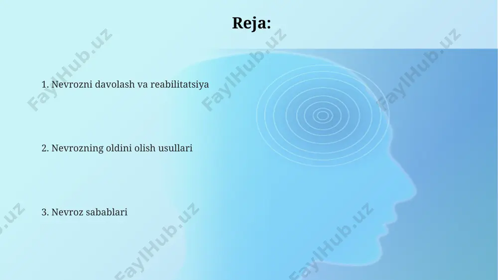 oldini olishda yillik tibbiy koʻrikdan oʻtish, ayniqsa 35 yoshdan oshganlar uchun, yurak-qon tomir kasalliklari va boshqa surunkali kasalliklarni erta aniqlash va davolash imkonini beradi, bu esa nevroz rivojlanish xavfini sezilarli darajada kamaytiradi. tibbiy koʻrik paytida psixolog bilan maslahatlashish, stress darajasini baholash va nevroz belgilari boʻyicha dastlabki tekshiruvlar oʻtkazish nevrozning erta bosqichlarida aniqlash va samarali davolashni ta'minlaydi, bu esa kasallikning ogʻirlashuvini 50% gacha oldini oladi. muntazam tibbiy koʻriklar davomida qon bosimi, qon shakar darajasi va xolesterin miqdorini nazorat qilish nevroz rivojlanishiga hissa qo'shadigan yashirin sog'liq muammolarini aniqlashga yordam beradi; bu esa, 70% gacha xavfni kamaytirishi mumkin. nevrozning oldini olish: psixoterapiya psixodramma va rol o'ynash kabi psixoterapiya usullari 12 seans davomida ijtimoiy qo'rquv va o'ziga ishonchsizlik kabi nevroz simptomlarini kamaytirishga yordam beradi, ijtimoiy moslashuvchanlikni oshiradi. nevroz profilaktikasi uchun kognitiv-xulq terapiyasi (kxt) samarali bo'lib, 80% hollarda bemorlarning 6 oy ichida sezilarli yaxshilanishini ta'minlaydi, bu esa stressni boshqarish va salomatlikni mustahkamlashga yordam beradi. konsultativ …