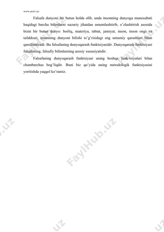 risiz hech bir ish qilolmaydilar. bunday hollarda barcha aniq alohida fanlar uchun falsafa metodologik rol o’ynaydi. umuman, aniq fanlar taraqqiyotida falsafaning roli katta. ba‘zan shunday bo’ladiki, aniq fanlar o’z rivojlanish jara-yonida murakkab muammolarga duch keladilar, bunda ular murakkab muammoni tug’dirgan metodologik qiyinchi-liklarni o’zlari hal qila olmaydilar. bunday paytlarda ham ularga falsafa yordamga keladi. bu o’rinda ham falsafaning metodologik funktsiyasi namoyon bo’ladi. falsafaning bundan tashqari gnoseologik funktsiyasi ham bor. falsafa inson-ning dunyoni bilish muammosini o’rganar ekan, u o’zining dunyoni bilishning umumiy metodlarini ishlab chiqib, inson bilishining bir butun umumiy nazariyasini ham yaratadi, shu asosda falsafa inson bilish faoliyatining paydo bo’lishi, uning rivojlanish tendentsiyalari va eng umumiy qonun-larini ochib beradi. u bunda inson bilishining haqiqatga borish yo’llarini ham, hosil qilingan bilimlarning haqi-qatligini tekshiruvchi usullarni ham tadqiq etadi. falsafa insonning dunyoni bilishining eng umumiy qonunlarini ishlab chiqish bilan cheklanmay, inson oldiga uni o’zgartirish masalasini ham qo’ydi. u dunyoni bilish asosida uni o’zgartirishda insonning …