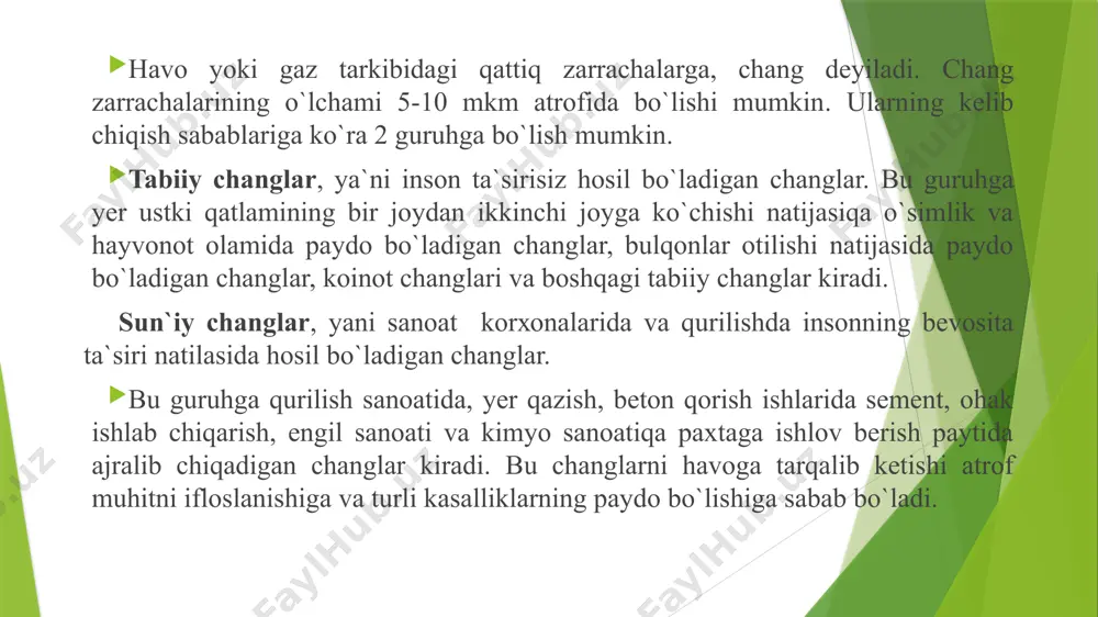 atga ega. shuni ham alohida ta`kidlash kerakki, korxonalarda change havo yoki gazlarni tozalash uchun chang zarrachalarining tabiani va o`lchamlariga qarab, tozalash usuli va qurilmalari tanlab olinadi. ma’lumki, ishlab chiqarish korxonalarida materiallarni yanchish, aralashtirish, uzatish va quritish jarayonlarida zarrachalarining o’lchami 3-70 mkm atrofida bo’lgan changlar paydo bo’ladi. yoqilg’ilarni yoqish paytida tutunlar, bug’larni kodensatsiyalashda esa tumanlar paydo bo’ladi. tutun va tumanlar tarkibidagi qattiq va suyuq zarrachalarning o’lchami 0,3 – 5,0 mkm atrofida bo’lishi mumkin. shuni alohida ta’kidlash kerakki, zararli moddaning inson organizmiga singib borishi turli kasalliklarni paydo bo’lishiga sababchi bo’ladi. shuning uchun atmosfera havosini tozalash katta ahamiyatga ega. bundan tashqari, hozirgi paytda atmosfera havosining sun’iy ifloslanishi inson faoliyati bilan chambarchas bog’liq bo’lib, uning tabiiy ifloslanishidan ustunlik qilmoqda. bu esa asmosfera havosini tozalab turishni taqazo etadi. ma’lumki atmosfera havosiga chiqariladigan barcha chiqindilar havo tarkibini buzib ko’pgina kasalliklarni kelib chiqishiga sabab bo’ladi. shuning uchun atrof-muhit musaffoligini saqlash katta iqtisodiy-ijtimoiy va ekologik ahamiyatga ega. atmosfera …