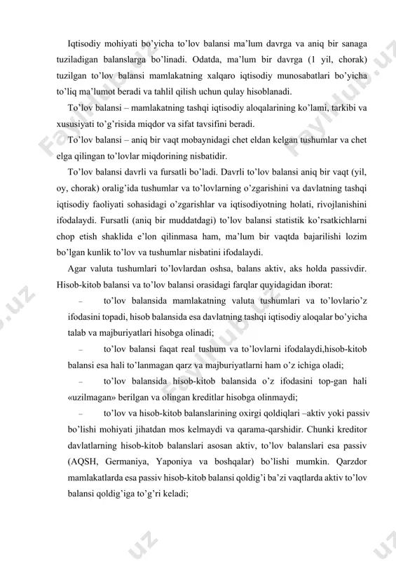 isob-kitob balanslari asosan aktiv, to’lov balanslari esa passiv (aqsh, germaniya, yaponiya va boshqalar) bo’lishi mumkin. qarzdor mamlakatlarda esa passiv hisob-kitob balansi qoldig’i ba’zi vaqtlarda aktiv to’lov balansi qoldig’iga to’g’ri keladi; · to’lov balansi faqat to’langan eksport va importni o’z ich-iga oladi, hisob-kitob balansi esa hali to’lanmagan, kreditga berilgan tovar aylanmasini ham o’z ichiga oladi. shunday qilib, to’lov va hisob-kitob balanslari orasidagi farq xalqaro kredit munosabatlarining rivojlanishi bilan aniqlanadi. e’lon qilinuvchi to’lov balanslariga xos operatsiyalar xususiyatiga ko’ra ikki asosiy bo’limni o’z ichiga oladi: 1-bo’lim – joriy operatsiyalar bo’yicha to’lov balansi: · tashqi savdo operatsiyalaridan tushumlar va savdo ba-lansi; · xizmatlar (xalqaro yuk tashishlar, fraxt, sug’urta va bosh-qalar) va notijorat (patentlar bo’yicha hisob-kitoblar, texnik yordam) balansi, investitsiya bo’yicha daromad va to’lovlar. 2-bo’lim – kapital va kredit harakati balansi (qisqa va uzoq muddatli operatsiyalar). tarixan tashqi savdo xalqaro iqtisodiy aloqalarni olib borish va rivojlantirishning boshlang’ich nuqtasi hisoblangan. shuning uchun ham, tashqi savdo to’lov …