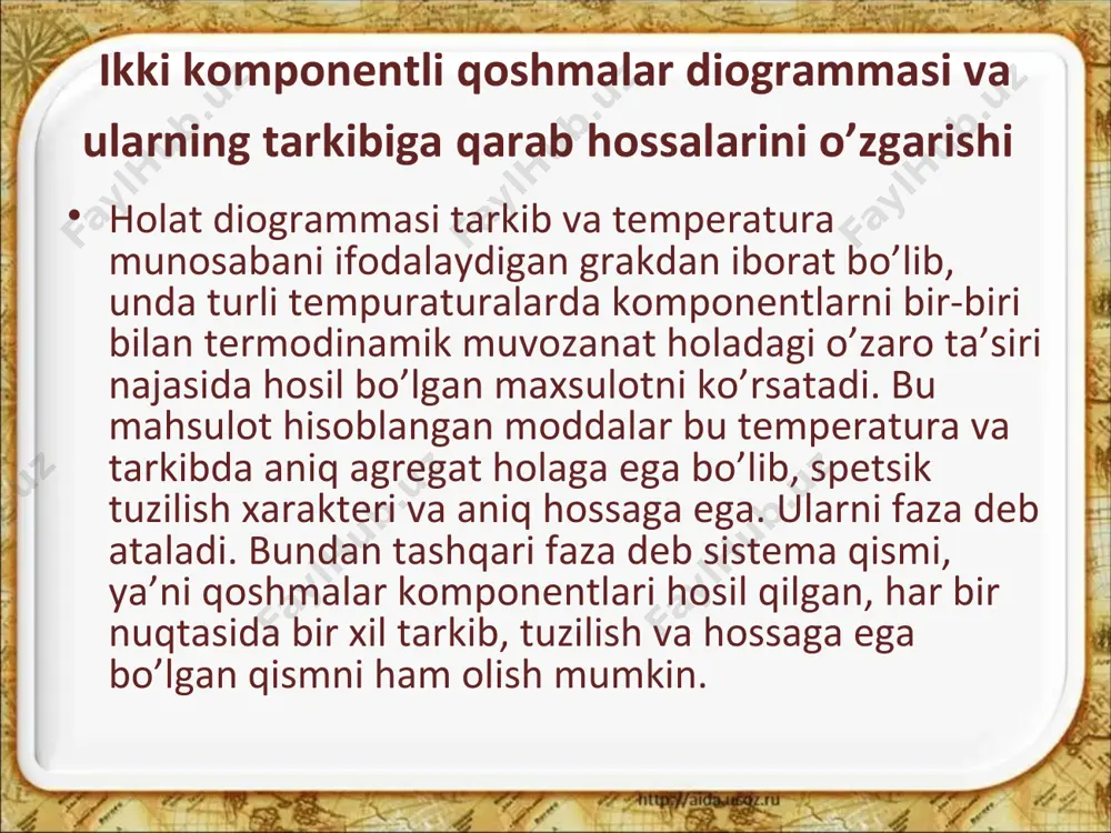 qv va suyuq faza qs ni quyidagicha ifodalash mumkin. qb/q=lt/ls qc/q=ts/ls mustahkam va boshqa hossali qotishmalarga yanada aniqroq baxo berish uchun ularda fazaviy struktura tarkibida evtetikani mavjudligi hisobga olish maqsadiga muvofiqdir. a+evt(a+b) qotishmada turli tarkibli б-fazaning kristallanishi qat’iy ravishda kesmalar qoidasiga bo’ysinadi. agar qaysidir qotishmani spetsifik kristallanishi kuzatilsa, masalan, 1-qotishma (8-rasm), unda temperaturaga bog’liq holda solidus va likvidus chizig’i qoidasiga binoan ikki fazali soxa suyuq va qattiq fazasini aniqlanadi (8-rasm, a, izotermalar 1, 2, 3 va 4). l1 dan l4 gacha nuqtalar oralig’ida suyuq fazalar tarkibi: be1 = b1, be2, be3 va be4 lar, б qattiq faza tarkibi bб1, bб2, bб3 dan to bб4 = b1 gacha uzgaradi. qattiq qotishma komponentlari hosil qilgan panjara erituvchi-komponent atomlari hosil qilgan metall bog’lanishdan yuqoriroq bog’ hosil qiladi. plastik deformatsiya tufayli qotishmalarda boshqa aomponent miqdori ortishi egri chiziq qonuniga asosan ortadi. egri chiziq harakterli yo’li 7-rasm b tushunarli bo’ladi, qachonki kristall panjaradan chapda zichlanishga …