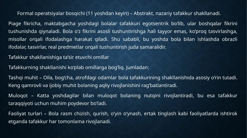 boshlang‘ich mantiqiy tafakkur shakllana boshlaydi. bolalar predmetlar bilan faol harakatlar orqali voqelikni anglaydi, voqealarni obrazlar orqali idrok etadi va oddiy sabab-oqibat munosabatlarini tushunishga harakat qiladi. tafakkurning rivojlanishi esa bevosita bolaning nutqi, o‘yin faoliyati, muloqoti, ijtimoiy muhit va tarbiya usullariga bog‘liq. maktabgacha ta’lim muassasalarida tashkil etiladigan rivojlantiruvchi mashg‘ulotlar, didaktik o‘yinlar, tafakkurni rag‘batlantiruvchi topshiriqlar bolalarning fikrlash qobiliyatini rivojlantirishda muhim omil hisoblanadi. shuningdek, bolaning individual psixologik xususiyatlari, sog‘lig‘i va atrof-muhitdagi ta’sirlar ham tafakkur shakllanishida muhim rol o‘ynaydi. shu bois, pedagoglar va ota-onalar bola tafakkurining sog‘lom va barqaror rivojlanishi uchun qulay shart-sharoitlar yaratishlari lozim. foydalanilgan adabiyotlar ro‘yxati. 1. axmedov a.a. “bola psixologiyasi”. – toshkent: o‘zbekiston, 2017. 2. karimova v.a. “psixologiya asoslari”. – toshkent: fan, 2018. 3. yo‘ldoshev m. “maktabgacha ta’lim psixologiyasi”. – toshkent: ilm ziyo, 2020. 4. vygotskiy l.s. “pedagogik psixologiya”. – moskva, 2003. 5. bo‘ronova m. “maktabgacha yoshdagi bolalar bilan ishlash psixologiyasi”. – samarqand: barkamol avlod, 2019. 6. z.m. istamova, m. a. nazarova. …