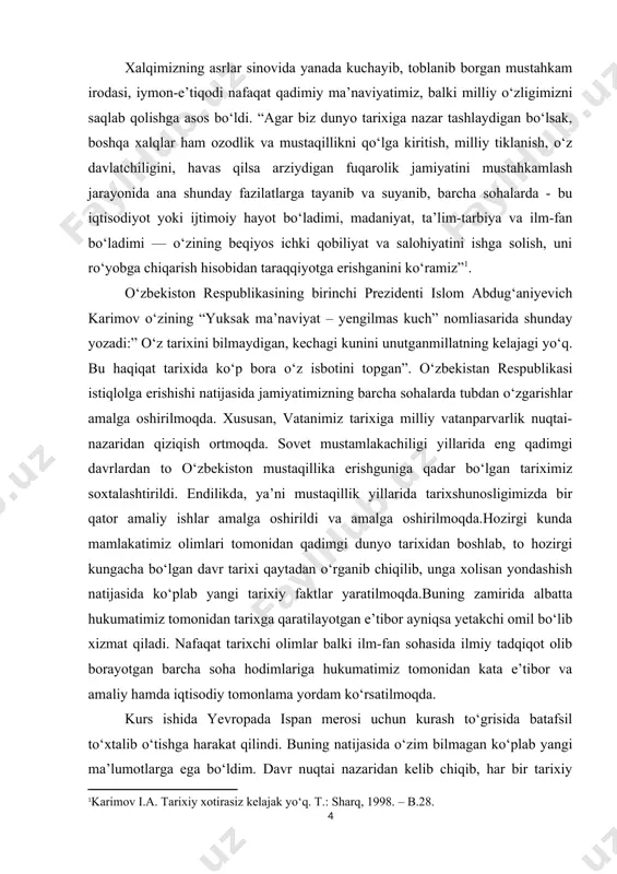 unki biz tarixni o‘rganar ekanmiz o‘rganish davomida bir davrdan boshqa davrga o‘tish uchun mazkur davrga oid bilim va ko‘nikmalar bizga poydevor vazifasini o‘taydi. xronologik jahatdan olib qaraydigan bo‘lsak ham o‘rganish jarayonida o‘rtada uzilish yoki kamchilik holati yuz bersa albatta kerakli natijaga erishilmaydi. o‘rganilayotgan mavzu doirasida ko‘plab tarixchi olimlar ilmiy izlanishlar olib borishgan. ushbu olimlar tomonidan amalga oshirilgan ishlar hamda ilmiy yangiliklar va xulosalardan kelib chiqib, mavzuga doir o‘z xulosamizni kurs ishida keltirib o‘tdik. kurs ishining predmeti va obyekti. mazkur kurs ishi nazariy asosini rivojlangan o‘rta asrlar va o‘rta asrlarga oid tarixiy manbalar, hamda keyingi davrlarda nashrdan chiqqan adabiyotlar, maqolalar, ilmiy ishlar, mustaqillik davrida e’lon qilingan xolis yoritilgan tarixiy materiallar maqola va monografiyalar shu kabilarga qaratilgan. kurs ishining tuzilishi. kirish, uch bob, xulosa, foydalanilgan manba va adabiyotlar ro‘yxatidan iborat. i bob. ispaniyaning xvii asrning ikkinchi yarmidagi ijtimoiy-iqtisodiy ahvoli ispaniyada xvii- xviii asrlarda xam inqiroz davom etdi. qirol hokimiyatining obro‘si pasayib ketdi. …